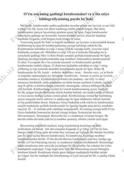 o'rta osiyoning qadimgi kutubxonalari va o'rta osiyo bibliografiyasi — DOCX
