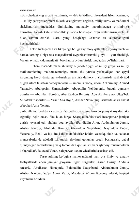 bi mutafakkirlar hokim va xalq, shoh va saltanat munosabatlarida adolatli ish tutish, davlatni qonunlar orqali boshqarish, qabul qilinayotgan tadbirlarning xalq tomonidan qo’llanishi kabi ijtimoiy muammolarni ko’taradilar2. bu ozod vatan, xalqparvar tuzum ydeallarini asoslash edi. tasavvufning ko’pgina namoyandalari ham o’z ilmiy va amaliy faoliyatlarida erkin jamiyat g’oyasini ilgari surganlar. xasan basriy, abdulla ansoriy, abulhasan haraqoniy, bahouddin naqshband, abdurahmon jomiy, alisher navoiy, xo’ja ahror valiy, mahdumi a’zam kosoniy adolat, haqiqat kuychilari bo’ldilar. darhaqiqat, barcha davrlar va xalqlar mutafakkirlari baxtsaodat keltiradigan tuzum haqida orzu qilib kelganlar. bu haqda ko’plab mutafakkirlarimiz qarashlari to’grisida ko’p va xo’p gapirish mumkin. lekin birgina forobiy qarashlari misolida baxtsaodatga, farovonlikka jamiyat ahli qanday erishadi, degan yuyaning milliy g’oyamizda aks etgan jihatlariga to’xtalib o’tish joiz. forobiy fikriga ko’ra, har bir inson o’z tabiati bilan shunday tuzilganki, u yashash va oliy darajadagi yetuklikka erishmoq uchun ko’p narsalarga muhtoj bo’ladi, u bir o’zi bunday narsalarni qo’lga kirita olmaydi, ularga ega bo’lish uchun …