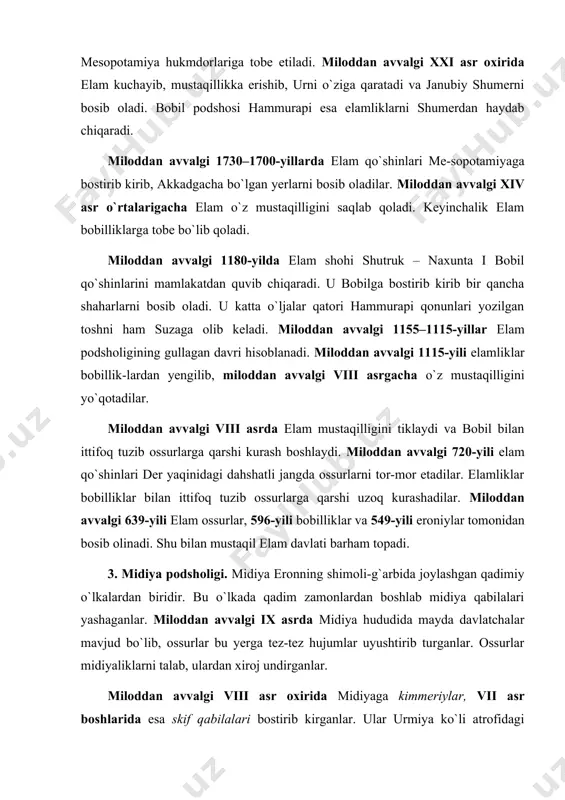 bostirib kirganlar. ular urmiya ko`li atrofidagi sakasana viloyatiga kelib o`rnashadilar. skiflar shu yerdan turib ossuriya va urartu ustiga bosqinlar uyushtirib turganlar. skiflar va kimmeriylar mohir chavandoz, usta merganlar bo`lib, otlari katta tezlikda ketayotgan vaqtda ham dushmanlari ustiga o`q yog`dirib borar edilar. miloddan avvalgi 672-yili midiyaliklar kashtariti rahbarligida ossurlarga qarshi kurash boshlab, ularni midiyadan haydab chiqaradilar. kashtariti midiyadagi mayda davlatchalarni birlashtirib yagona davlat tuzishga bel bog`laydi. miloddan avvalgi vii asr o`rtalariga kelib midiya qadimgi sharqdagi qudratli davlatga aylanadi. miloddan avvalgi 753-yili midiya shohi kashtariti ossurlar ustiga qo`shin tortadi. ossurlar skiflarni midiyaliklarga qarshi kurashga ko`ndiradilar. midiya qo`shinlari ossur va skiflarning ikki tomondan bergan zarbalariga bardosh bera olmay yengiladi. bu jangda kashtariti halok bo`lib, midiya miloddan avvalgi 653–625-yillar orasida skiflar ta`sirida qoladi. 4. kiaksar va astiag davrida midiya. miloddan avvalgi 625-yili kashtaritining o`g`li kiaksar midiya podshosi bo`lgach, skiflarni mamlakatdan quvib chiqaradi. kiaksar midiyadagi mayda davlatlarni birlashtirib, uni kuchli saltanatga aylantiradi. miloddan avvalgi 614-yili …