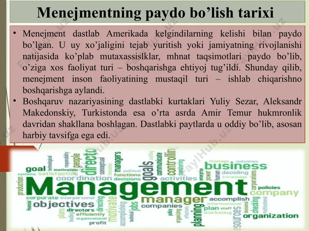 ndan, markaziy, ikkinchi tomondan esa viloyat, shahar va tumanlar darajasidagi davlat hokimiyati va boshqaruv idoralarining vazifalarini aniq belgilashini talab qiladi. samarasiz boshqaruv bo’g’inlari qanchalik ko’p bo’lsa, boshqaruv jarayoni shunchalik chigallashadi. 3. rejalashtirish tamoyili boshqaruv bo’g’inlari o’rtasidagi taraqqiyot nisbatlarini aniqlaydi, shartnomalarning bajarilishini tashkil hamda nazorat qiladi. boshqaruv tayinlangan shaxs tomonidan bajarilib, unda boshqariladigan obyekt, uning mol-mulki, pul mablag’lari ishonib topshiriladi. bu boshqarishda jiddiy tartib va mehnat intizomini taminlaydi. bunda “ko’plashib muhokama qilmoq keragu, lekin mas’uliyat bir kishida bo’lishi kerak” degan tamoyil amal qiladi 4. yakka hokimlik tamoyili 5. ilmiylik tamoyili menejerlardan chuqur bilimni, o’z sohasini, iqtisod,mantiq,ruhiyat,mehnat,matematika, chet tili, texnologiya kabi fanlarni yaxshi bilishni talabqiladi. shu bilan birga uning saviyali tashkilotchi, tashabbuskor, g’oyalarga boy, izlanuvchan, bozor konyukturasini yaxshi biladigan, tavakkal qilishdan qo’rqmaydigan mutaxassis bo’lishni talab qiladi. topshiriqni berishda javobgar shaxslardan tasdiqlovchi javobni, topshiriqni tushunganligini so’rash kerak. bu tamoyil boshqaruvchilarning javobgarligini nazarda tutadi. bajaruvchanlik madaniyati past, mas’uliyatsiz rahbar korxona va xodimlar uchun yomon. …
