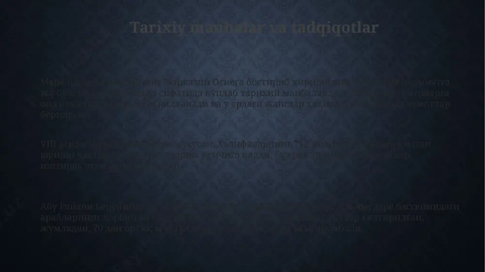 b, bu markaziy osiyoda arablarning kengayishini cheklab qoʻydi va mintaqaning madaniy oʻziga xosligini saqlab qolishga yordam berdi. arablarning hukmronligi davrida, taxminan viii-ix asrlarda, mintaqada islom dini keng tarqaldi, ammo mahalliy an'analar va e'tiqodlar bilan sinxronlashtirilgan holda, misol uchun, buxoro va samarqand kabi yirik shaharlarda. harbiy to'qnashuvlar va janglar xorazm viloyatida 712-yilda boʻlib oʻtgan janglarda arablar mahalliy xorazmiylar bilan qattiq toʻqnashuvlarga kirishgan, bu janglarda minglab askarlar halok boʻlgan. 751-yilda talas jangida arablar tang sulolasi qoʻshinlariga qarshi kurash olib borishgan, bu jang markaziy osiyoda arablarning kengayishiga chek qoʻygan muhim voqea boʻlgan. arablarning fargʻona vodiysidagi harbiy yurishlari 8-asrda davom etgan boʻlib, ular samarqand va buxoro kabi yirik shaharlarni egallab olishga harakat qilishgan, lekin qattiq qarshilikka duch kelishgan. markaziy osiyoga arablarning bosqini sabablari markaziy osiyodagi 7-asrda boshlangan arab istilosining asosiy sabablaridan biri, xorazm va buxoro kabi boy shaharlarning iqtisodiy boyligi va strategik ahamiyati edi, bu esa katta daromad va qudrat va'da qilar edi. markaziy …