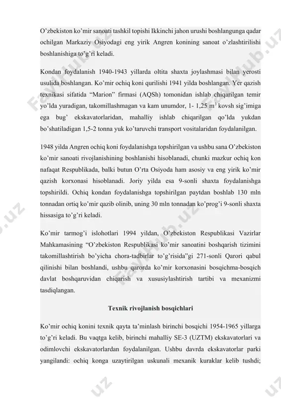 lgan eshelon jo’natildi. bir yil ichida 29,5 ming tonna ko’mir qazib olindi. 1943 yil – 2 va 3-sonli shaxtalar foydalanishga topshirildi. bir yil ichida 55 ming tonna ko’mir qazib olindi. 1944 yil – 100 ming tonna ko’mir qazib olindi. 1947 yil – 9-sonli shaxta va angren ko’mir ochiq koni qurilishi yakunlandi. 1948 yil – o’zbekiston ko’mir sanoati tiklanishi bosqichli sanasi – yiliga 1,5 mln tonna ko’mir qazib olish quvvatiga ega ko’mir ochiq koni va yiliga 480 ming tonna ko’mir qazib olish quvvatiga ega 9-sonli shaxta (2-sonli bis bilan birga) foydalanishga topshirildi. 1954-57 yillar – ko’mir ochiq konining birinchi rekonstruktsiyasi o’tkazildi. 1958 yil – yiliga 400 ming tonna ko’mir qazib olish quvvatiga ega “shargun” shaxtasi foydalanishga topshirildi. 1964 yil – 9-sonli shaxtada ko’mir qazib olish hajmi 1 mln tonnadan oshdi. 1978-90 yillar – “angren” ochiq konining ikkinchi rekonstruktsiyasi o’tkazildi. 1990 yil – “angren” ochiq konida 5,77 mln tonna ko’mir qazib olindi. …