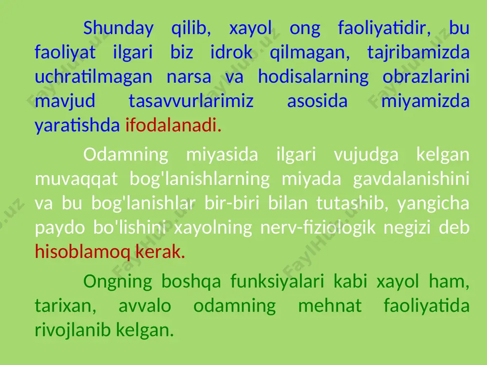 «yanchib aralashtirganman» va shu tariqa natasha obrazi kelib chiqqan», — deb yozgan edi. xotira tasavvurlarini qayta ishlash, yangi obrazlar yaratish jarayonida xayol faoliyati tasavvur qilinadigan buyumlarni kattalashtirishda yoki kichraytirishda ifodalanishi mumkin. bu kattalashtirish yoki kichraytirish ba’zi hollarda buyumning hamma qismlariga nisbatan mutanosib, proporsional bo'lishi mumkin. chunonchi, rus ertaklarida pahlavonlarni «qad ko'targan daraxtdan baland, sayr qilib yurgan bulutdan sal past» qilib ko'rsatiladi. mahmur «qozi muhammad rajab to'g'risida...» nomli hajviy she’rida qozi muhammadning bo'yini terakka o'xshatib, «bo'yi chunonam uzunki, misli terak, osmon shipiga ilsang bo'ladi tirgak» deydi. sviftning «gulliverning sayohati» romanidagi juda katta odamlar bilan liliputlarning obrazlari mana shunday obrazlardir. o'zbek xalq ertaklaridagi «boshi bulutga tegadigan pahlavonlar» yoki «kichkina mitti xonxo'jani yiqitti» so'zlarida ifodalangan yoki ertakdagi “no’xat polvon” obrazlari ham shunday obrazlardir. kattalashtirish yoki kichraytirish mutanosib bo'lmasligi, proporsional bo‘lmasligi ham mumkin, xayol jarayonida buyumning faqat ayrim qismlarigina kattalashtirilishi yoki kichraytirilishi mumkin. buyumning faqat bir qismini bunday kattalashtirish yoki kichraytirishni aksentirovka deyiladi. aksentirovka, …