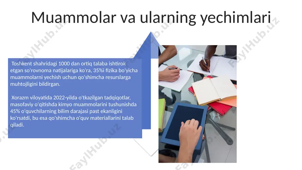 yonini avtomatlashtirish orqali o'qituvchilarning ish yukini 30% ga kamaytirgan va o'quvchilarning faol ishtirokini oshirgan. masofaviy ta'limda 2023-yilda o'zbekistonning 10 ta viloyatida o'tkazilgan tadqiqotlar shuni ko'rsatdiki, interaktiv o'quv materiallaridan foydalanish o'quvchilarning bilim olish darajasini 15% ga oshirgan. interaktiv o'quv materiallari interaktiv testlar yordamida 50 dan ortiq savol orqali o'quvchilarning matematika fanidan bilimlarini samarqanddagi virtual maktab muhitida baholash mumkin, bu esa shaxsiylashtirilgan o'rganishga yordam beradi. interaktiv elektron darsliklar, jumladan, toshkent shahridagi virtual kutubxonadan 1000 dan ortiq rasm va audio materiallarni o'z ichiga olgan holda, tarix fanini o'rganishni boyitadi va tushunishni yaxshilaydi. onlayn kutubxonalar va ma'lumot bazalari o'zbekiston milliy kutubxonasi onlayn katalogida 5 milliondan ortiq kitob va jurnal maqolalari, shuningdek, 100 dan ortiq ma'lumot bazalariga kirish imkoniyati mavjud. google kitoblar va internet arxivlari kabi bepul onlayn kutubxonalar dunyoning turli burchaklaridan, masalan, aqsh va buyuk britaniyadan, millionlab raqamli asarlarni o'z ichiga oladi, ularni distance learningda qo'llash mumkin. simulyatsiyalar va virtual laboratoriyalar samarqanddagi universitetlarida geografiya …