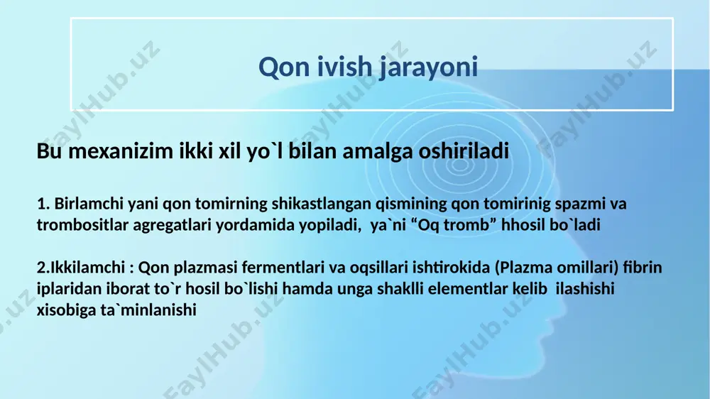plazma-koagulyatsion bo’g’imi harakteristikasiga oid testlar gemostazning tomir-trombotsitlar bo’g’imi harakteristikasiga oid testlar vena tomiri qonining quyuqlashuvi qon ketishning uzoqlik davri plazmaning rekaltsifekatsiya vaqti qon-tomir devorining mustahkamligi aktivlangan partsial-tromboplastin vaqti trombotsitlar soni protrombin indeksi trombin vaqti fibrinogen konsentratsiyasi quyuqlangan fibrinni mochevinada eritish testi (xii faktorning aktivligi) koagulyatsion va antikoagulyatsion sistemalarga ta’sir qiluvchi vositalar i.gemostatik vositalar 1. koagulyantlar (protrombin, fibrinogen) 2. koagulyantlar (vikasol) 3.antifibrinolitik ta’sir (kontrikal, abden, aminokapron kislotasi) 4.tomirlar o’tkazuvchanligini kamaytiruvchi (adrokson, ditsinon) 5.trombotsitlar agregatsiyasini kuchaytiruvchi (serotonin) giyohlardan: gazanda bargi, mingyaproq o’simligi, kalina po’stlog’i, suv qalampiri ii. koagulyatsiya sekinlashtiruvchi vositalar (antitrombik vositalar) 1.antikoagulyant (geparin) 2. antikoagulyant (kumarin, neodikumarin va fenilin) 3.fibrinolitik ta’sir (fibrinolizin), streptokinaza preparatlari – streptaza, urokinaza 4.trombotsitlar agregatsiyasiga to’sqin qiluvchi vositalar (geparin, aspirin, dipiridamol) 5. eritrotsitlar agregatsiyasiga to’sqin qiluvchi vositalar (trental), tiklopidin (tiklid) qon ivishning buzilishi travma operasiya genetika onkologiya sepsis va infeksiya tromboz qon ketish xomiladorlikda koagulyatsiya tizimidagi buzilishlar klinik jihatdan qon ketish yoki tromboz bilan namoyon bo'ladi. trombodinamikaning …