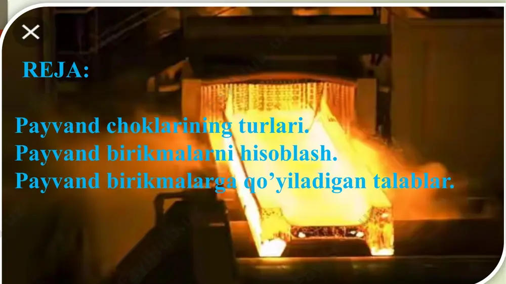y amal qilinsa, payvand chokda hosil qilingan metallning mexanik hususiyati asosiy metallnikidan farq qilmasligi mumkin. payvand birikma kuchlanganlik holati hisobiy qarshilik tavsifi shartli belgisi payvand birikmaning hisobiy qarshiligi uchma-uch siqilish. mexanizatsiyalashgan yoki qo’lda bajarilib, chok sifati fizikaviy yo’l bilan nazorat qilingan payvand choklarning cho’zilishi va egilishi. oquvchanlik chegarasi bo’yicha rwu rwu=ru vaqtinchalik qarshiligi bo’yicha rwi rwi=ri mexanizatsiyalashgan yoki qo’lda bajarilgan payvand chokning siqilishi va egilishi oquvchanlik chegarasi bo’yicha rwu rwu=ru/1,18 siljish rws rws=rs burchakli chok qirqilish (shartli) chokdagi metall bo’yicha rwf rwf=rwun/2,2 erish chegarasidagi metall bo’yicha rwz rwz=run/2,2 7.2-rasm. uchma-uch payvand choklarni hisoblashga doir payvand birikmalarga kuyiladigan talablar. payvand birikmalar keng mikyosda ishlatilishi sababli qurilish konstruktsiyalarini tayyorlash va yig’ishda sifat ko’rsatkichiga jiddiy e’tibor berish kerak. payvand chokni sifatli qilib bajarish uchun uning ijro etish texnologiyasini puxta ishlab chiqish zarur. qayd etib o’tilganidek, payvand choklarning eng asosiy kamchiligi birikmada hosil bo’ladigan qoldiq zo’riqish bo’lib, bu xodisaning asosiy sababi payvand chokda metall …