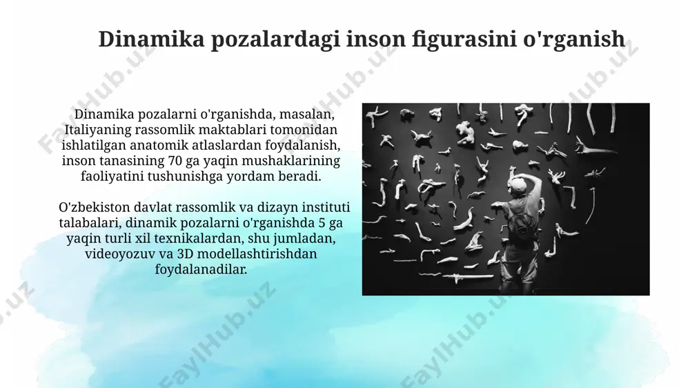 aradi. dinamik pozalarda, 5 graduslik burchak ostida joylashgan yorugʻlik manbai inson tanasining 12 ta asosiy qismida turlicha soya hosil qilib, hajmini va chuqurligini aniqroq aks ettiradi. e'tiboringiz uchun rahmat @taqdimot_robot image2.jpg image3.jpg image4.jpg image5.jpg image6.jpg image7.jpg image8.jpg image9.jpg image10.jpg image1.png