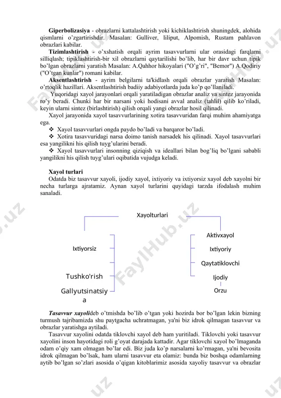 ishi va shu kabilar inson tafakkuri hamda ijodiy xayolning yuksak taraqqyoti natijasida qo’lga kiritilmoqda. odamning uyg’oq paytida yuzaga keladigan xayol jarayoni ma'lum darajada tartibot va ixtiyoriy xarakterga ega bo’ladi. shuning uchun odam o’zining xayol qilish jarayonini oldidagi maqsad va vazifalarga bo’ysindira oladi. odam o’zining bilimlari, tushunchalariga asoslangan holda xayoliy obrazlarning paydo bo’lishini idora qila oladi. bosh miya katta yarim sharlarining barcha tomonlari tormozlanib, odam uxlagan paytida ham xayol tush ko’rish shaklida yuzaga keladi. odatda odam uxlay boshlagan paytida ikkinchi signallar tizimining faoliyati bilan bog’liq bo’lgan nerv hujayralari hammadan oldin tormozlanadi. uyqu bilan bog’liq bo’lgan tormozlanish jarayoni miyaning hamma joyiga baravar ravishda tarqalmaydi. natijada ayrim joylar tormozlanmasdan holadi va kutilmagan darajada ajoyib munosabatlarga kirisha boshlaydi. ana shuning uchun tush ko’rish ikkinchi signallar tizimining nazoratisiz juda betartib, pala-partish ravishda yuzaga keladigan assosiasiyalardan iborat bo’ladi. xayol jarayonlari xayol jarayonlari insonning tajribasi va bilim doirasi, shuningdek o’tmish tajribalari bilan belgilanadi. shuningdek xayol jarayonlari sifatida …