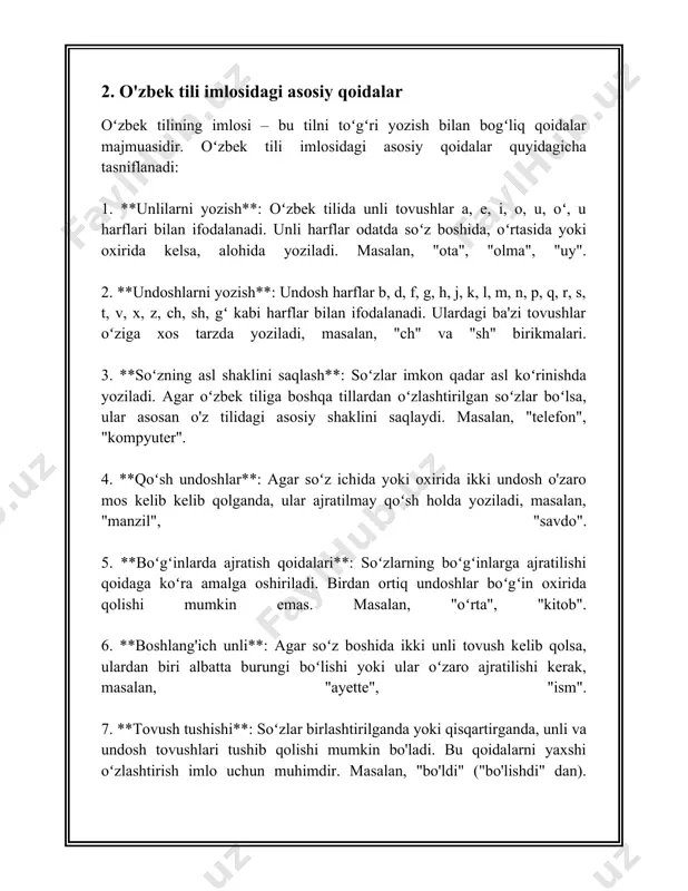 : "oláman" (yozaman), "bíradi" (beradi). shuningdek, qaytimli fe'llarda urg‘u so‘zning oxirgi bo‘g‘inida saqlanib qoladi, masalan "olína" (oling‘lar). 3. **ibora yoki tuzilma urg‘usi**. o‘zbek tilida iboralar yoki tuzilmalarda urg‘u aynan so‘zdagi ma'noni ta'kidlash yoki kayfiyatni ifodalash uchun qo‘llanilishi mumkin. ba’zi hollarda urg‘u biror iboraning aniq elementiga ketadi va shu orqali iboraning ma’no markazi aniqlanadi. 4. **ton urg‘usi**. o‘zbek tilida gapirdi urg‘u orqali turli emotsionallik va stilistik ranglar kiritilib, intonatsiya orqali mazmun o‘zgartirilishi mumkin. misol uchun, bir xil gap tuzilmasi turli urg‘ular bilan aytilganida, uning ma’nosi yoki ohang netural ma’no yohud buyuruv ko‘rinishini olishi mumkin. 5. **shakl-shamoyil urg‘usi**. ba’zi morfologik modifikatsiyalar yoki qiyoslamalarda urg‘ulari turlicha qo‘llanadi. masalan, sifatdosh shakllarida urg‘u - "bór"da bo‘lishi mumkin: "kórgan" (ko‘rgan). o‘quvchilarning og‘zaki nutqida urg‘uga ko‘proq e'tibor beriladi, chunki bu shaxsning ma'ruzasi eshitilganda yoki nutqi tushunarli bo‘lishiga katta ta'sir ko‘rsatadi. o‘zbek madaniyatida bunday fonetik xususiyatlar jonli muloqotda, shuningdek, rasmiy nutqlarda katta ahamiyatga ega. bundan tashqari, o‘zbek tilidagi …