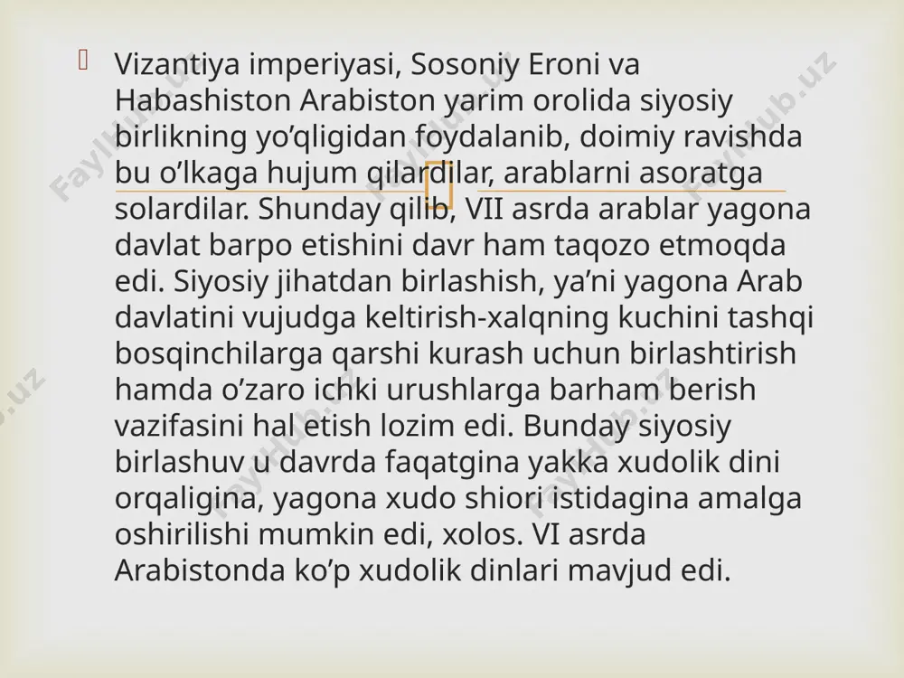 hi-vahiy qilib yuborilishi muqaddas ramazon oyining yigirma yettinchi kuni kechasi boshlangan. shuning uchun ham bu oy muqaddas hisoblanib, ro’za tutilgan kunning yigirma yettinchi kechasi “laylat ul-qadr”, ya’ni qudrat kechasi, ilohiy qudrat namoyon bo’lgan tabarruk kecha deb ulug’lanadi.  qur’on har xil hajmdagi 30 pora (bo’lak, qism), 114 suraga bo’lindi va 77439 kalima, 325743 harfdan iborat 6236 oyat joylashtirilib, har bir suraga nom berildi, qur’onning oxirgi oyati payg’ambar vafotidan 18 kun avval nozil bo’lgan. qur’onning birinchi surasi - “fotiha”, oxirgi bir yuz o’n to’rtinchisi - “an-nos” surasidir. qur’ondagi suralar makkaiy va madinaiy suralarga bo’linadi. jumladan, 90 sura, 4780 oyat makkada 610-622 yillarda, 24 sura, 1456 oyat madinada 622-632 yillarda nozil bo’lgan. ``  image3.png /docprops/thumbnail.jpeg