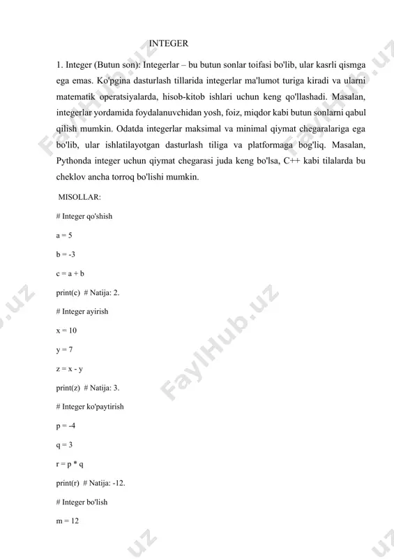 en pythonni yaxshi ko'raman" print(i.replace("pythonni", "dasturlashni")) # natija: "men dasturlashni yaxshi ko'raman" # string ichida ma'lum bir substringni izlash j = "dasturlash qiziqarli" print("qiziqarli" in j) # natija: true. boolean 4. python tilida boolean (mantiqiy qiymatlar) true yoki false qiymatlarini ifodalaydi. booleanlar odatda mantiqiy ifodalarni tekshirish va shartlarni bajarish uchun ishlatiladi. quyida boolean bilan ishlash bo'yicha bir nechta misollar keltirilgan: # boolean qiymatlar a = true b = false print(a) # natija: true print(b) # natija: false # boolean amallar x = 5 y = 10 # tenglik print(x == y) # natija: false # katta yoki kichik tekshirish print(x > y) # natija: false print(x < y) # natija: true # teng emasligi print(x != y) # natija: true # boolean and operatsiyasi print(a and b) # natija: false (ikkalasi ham true bo'lishi kerak) # boolean or operatsiyasi print(a or b) # natija: true (bittasi true bo'lsa ham natija …