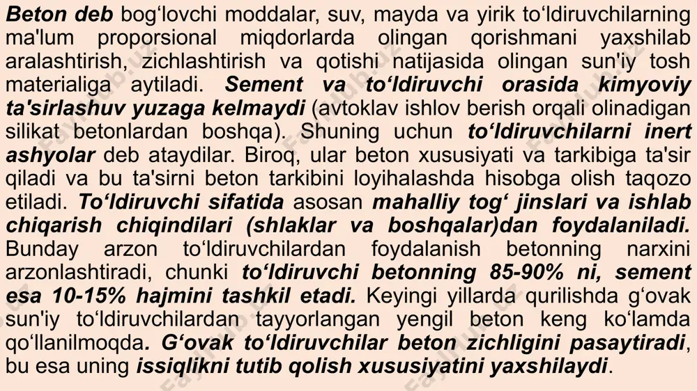 baquvvat skelet ma'lum darajada betonning mustahkamligini va deformatsiyalanish modulini ko‘taradi – konstruksiyalarning bosim ta'sirida deformatsiyalanishini kamaytiradi, shuningdek betonning siljuvchanligini – betonga uzoq muddat bosim ostida ta'sir ko‘rsatish natijasida yuzaga kelishi mumkin bo‘lgan qaytmas deformatsiyalardan saqlaydi. to‘ldiruvchi betonning kirishishini oldini oladi va bu bilan uzoq muddat chidaydigan materialni olish imkonini beradi. sement toshining qotish jarayonidagi cho‘kishi 1-2 mm/m ni tashkil etadi. notekis cho‘kish deformatsiyalari sababli ichki zo‘riqishlar va hatto mikroyoriqlar yuzaga keladi. to‘ldiruvchi cho‘kish deformatsiyasi zo‘riqishini qabul qiladi va sement toshiga nisbatan bir necha barobar cho‘kishni kamaytiradi. g‘ovak tabiiy va sun'iy to‘ldiruvchilar kam zichlikka ega bo‘lib, yengil betonning zichligini kamaytiradi, uning issiqlik tutuvchanlik xususiyatini yaxshilaydi. maxsus betonlarda (yuqori haroratga chidamli, nurlanishdan himoyalash va boshqalar) to‘ldiruvchining ahamiyati juda katta, chunki ularning xususiyatlari asosan bunday betonlarning mahsus sifatlarini aniqlab beradi. silikat betonlarda to‘ldiruvchi o‘zining odatdagi tadbiqidan tashqari o‘ziga xos muhim ahamiyat kasb etadi. uning donalarining sirti bog‘lovchi modda bilan ta'sirlashadi va ko‘p hollarda …