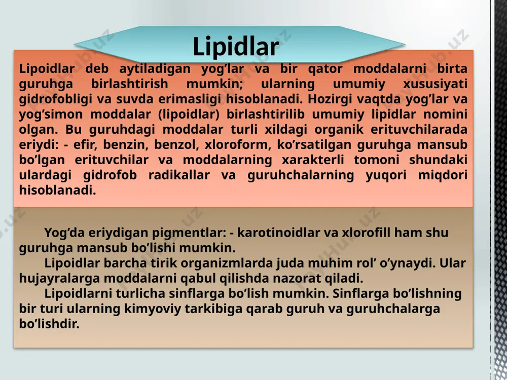 l bo’lgan galakzotozalar. oddiy lipidlar murakkab lipidlar yog’lar. lipidlarning katta qismi bo’lgan, yog’ kislotalarining glitseridlari organizm hujayrasi to’qimalari ichida va uning bir qancha suyuqliklarida asosan joylashgan bo’ladi. glitseridlar saqlagan hujayralarda asosan yog’li to’qimalar shaklida bir guruhga yig’iladi. lipidlar protoplazmadan adsorbtsiyalash jarayonida ham muhim rol o’ynaydi. yog’lar – asosan zaxira moddalar hisoblanadi. u juda ko’p miqdorda asosan o’simliklarning urug’lari va mevalari tarkibida to’planadi va yog’ moy sanoatida o’simlik yog’lari ishlab chiqiladi. bular moylar deb yuritiladi. o’simlik moylari tarkibiga kiruvchi olein kislotasi – 14 – ch2 – gidrofob guruhdan, yana birta ch3 gidrofob metil guruhidan va birta gidrofil – cooh guruhidan tashkil topgan. agarda stakandagi suvning ustiga 1-tomchi shu yog’ kislotasidan tomizsak unda ma’lum maydonda juda yupqa qatlam hosil qiladi. hosil bo’lgan plyonkani o’rganish natijasi shuni ko’rsatadiki – olein kislotasining malekulalari suv yuzasiga nisbatan aniq ko’rinishda joylashgan. bundan shuni tushunish mumkinki olein kislotasi malekulalari polyar malekula hisoblanadi: bir tomondan bu molekulalar gidrofillik …