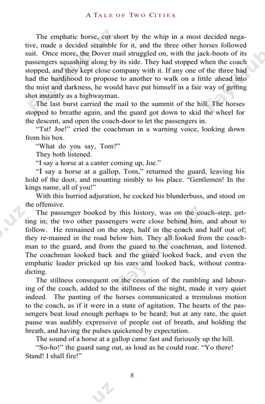 he side of the mail. all three were wrapped to the cheekbones and over the ears, and wore jack-boots. not one of the three could have said, from anything he saw, what either of the other two was like; and each was hidden under almost as many wrappers from the eyes of the mind, as from the eyes of the body, of his two companions. in those days, trav-ellers were very shy of being confidential on a short notice, for anybody on the road might be a robber or in league with robbers. as to the lat-ter, when every posting-house and ale-house could produce somebody in “the captain’s” pay, ranging from the landlord to the lowest stable non-descript, it was the likeliest thing upon the cards. so the guard of the dover mail thought to himself, that friday night in november, one thousand seven hundred and seventy-five, lumbering up shooter’s …