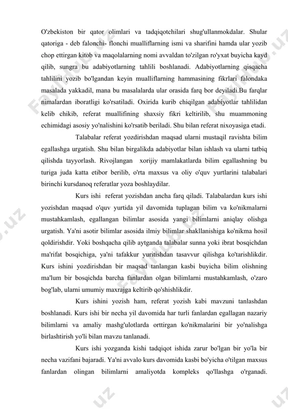 tahkamlash, o'zaro bog'lab, ularni umumiy maxrajga keltirib qo'shishlikdir. kurs ishini yozish ham, referat yozish kabi mavzuni tanlashdan boshlanadi. kurs ishi bir necha yil davomida har turli fanlardan egallagan nazariy bilimlarni va amaliy mashg'ulotlarda orttirgan ko'nikmalarini bir yo'nalishga birlashtirish yo'li bilan mavzu tanlanadi. kurs ishi yozganda kishi tadqiqot ishida zarur bo'lgan bir yo'la bir necha vazifani bajaradi. ya'ni avvalo kurs davomida kasbi bo'yicha o'tilgan maxsus fanlardan olingan bilimlarni amaliyotda kompleks qo'llashga o'rganadi. ikkinchidan, kurs ishi yozish jarayonida o'qish davomida turli fanlardan egallagan bilimlarga bir necha bor qayta va qayta murojat qiladi.bu bilimlar xotirasiga qaytarilaverib, uning malakasiga aylana boshlaydi.uchinchidan, kurs ishini yozganda talaba har turli adabiyotlar ko'radi va ularni tahlil qiladi.shu tufayli uning adabiyotlar bilan ishlash ko'nikmasi malakaga aylana boradi.va nihoyat kurs ishini yozganda talaba o'z fikrini boshqalarga yozma til orkali ifoda eta olishni ko'nikmasini egallaydi. kurs ishi yozishda o'tilgan fanlarning nazariy asoslarni qaytadan ko'rib chiqib, xotirasiga tiklab olishdan boshlanadi. buning uchun …
