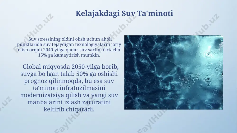 lishi kerak, bu miqdor jismoniy faollik va iqlim sharoitiga qarab o'zgarishi mumkin. suv inson organizmining 60% dan ortiq qismini tashkil etadi va hujayralar faoliyati, moddalar almashinuvi va tana haroratini tartibga solishda muhim rol o'ynaydi. ichimlik suvi manbalari ichimlik suvi manbalarining 70% dan ortig'i yer osti suvlaridan, qolgan qismi esa yuzaki suv havzalari, jumladan, daryolar va ko'llardan olinishi aniqlangan. jahon sog'liqni saqlash tashkilotining ma'lumotlariga ko'ra, ifloslangan ichimlik suvi yiliga 2 million odamning o'limiga sabab bo'ladi, shuning uchun suvni tozalash va sanitariya sharoitlarini yaxshilash juda muhim. e'tiboringiz uchun rahmat @taqdimot_robot image4.png image5.jpg image6.jpg image7.jpg image8.jpg image9.jpg image10.jpg image11.jpg image12.jpg image13.jpg image14.jpg image15.jpg image16.jpg image3.jpeg