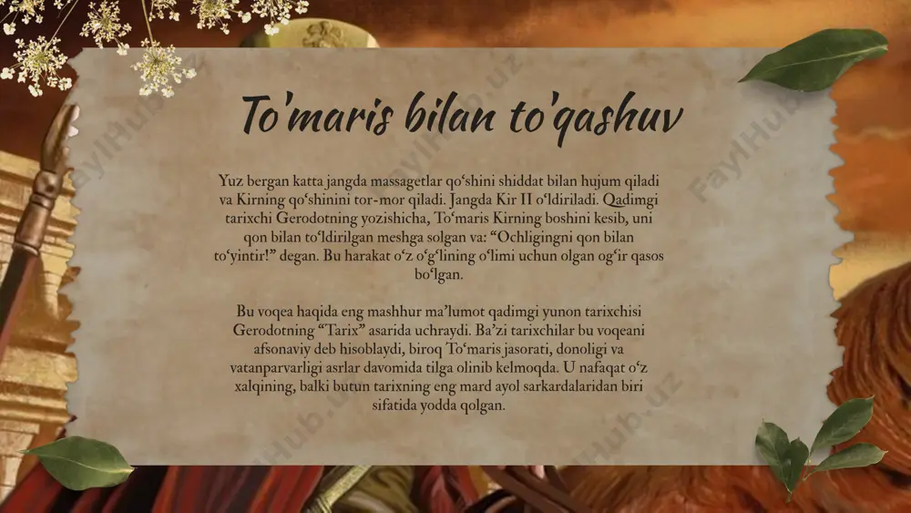 so‘g‘diyona, marg‘iyona va saklar yerlariga yurish qilib, ularni imperiyaga qo‘shib oldi. yurish natijasida fors imperiyasi nafaqat harbiy jihatdan g‘alaba qozondi, balki iqtisodiy va siyosiy foyda ham ko‘rdi. bu hududlarda satraplik tizimi joriy qilinib, fors ta’siri chuqurlashdi. ipak yo‘li nazorat ostiga olingani savdo va boylik oqimini oshirdi. doro i bu yurish orqali imperiyasining kuchi va boshqaruv salohiyatini butun mintaqaga namoyon qildi.umuman olganda, bu yurish o‘rta osiyo tarixida muhim burilish bo‘lib, keyingi davr siyosiy va madaniy rivojlanishiga katta ta’sir ko‘rsatgan. e'tiboringiz uchun raxmat! image1.jpeg image2.png image3.png image4.png image5.png image6.png image7.png image8.jpeg image9.png image10.jpeg image11.jpeg image12.png image13.png image14.png image15.jpeg image16.png image17.jpeg image18.jpeg /docprops/thumbnail.jpeg