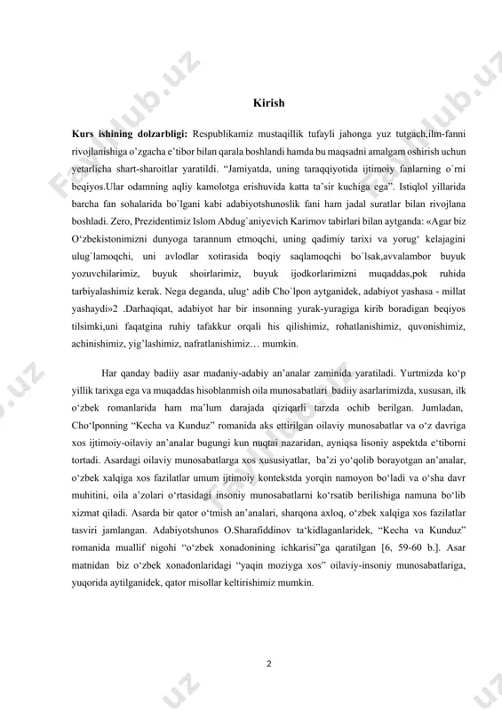 iy munosabatlar va o‘z davriga xos ijtimoiy-oilaviy an’analar bugungi kun nuqtai nazaridan, ayniqsa lisoniy aspektda e‘tiborni tortadi. asardagi oilaviy munosabatlarga xos xususiyatlar, ba’zi yo‘qolib borayotgan an’analar, o‘zbek xalqiga xos fazilatlar umum ijtimoiy kontekstda yorqin namoyon bo‘ladi va o‘sha davr muhitini, oila a’zolari o‘rtasidagi insoniy munosabatlarni ko‘rsatib berilishiga namuna bo‘lib xizmat qiladi. asarda bir qator o‘tmish an’analari, sharqona axloq, o‘zbek xalqiga xos fazilatlar tasviri jamlangan. adabiyotshunos o.sharafiddinov ta‘kidlaganlaridek, “kecha va kunduz” romanida muallif nigohi “o‘zbek xonadonining ichkarisi”ga qaratilgan [6, 59-60 b.]. asar matnidan biz o‘zbek xonadonlaridagi “yaqin moziyga xos” oilaviy-insoniy munosabatlariga, yuqorida aytilganidek, qator misollar keltirishimiz mumkin. kurs ishining maqsad va vazifalari: “kecha va kunduz” romanining psixologizminini o’rganish. yuqoridagi qo`yilgan maqsadga muvofiq ishda quydagi vazifalar bajarildi: -psixologizm haqida ma’lumot berish; - cho’lpon asarlaridagi psixologizm haqida ma’lumot berish; -“kecha va kunduz” romani psixologizmini roman qahramonlari misolida tahlil qilish; kurs ishining obyekti – cho`lponing “kecha va kunduz” romani tadqiqot obyektini tashkil etadi. kurs …