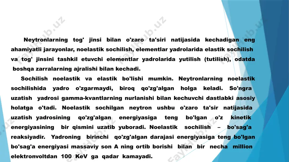 i bilan qiyoslaganda 20 sm zondlanganda nakning chuqurligi 10 – 20% ga kamroq (sekinlashtirilgan neytronlar yordamida faollashtirilganda). tezkor neytronlar yordamidagi nak chuqurligi bundan ham kam. zamonaviy karotaj uskunalarida neytronlar manbai sifatida manbalar bo'limida aytib o'tilganlardan tashqari ht-10 14mev gacha quvvatga ega bo'lgan (инt-4) impulsli neytronli naycha, shuningdek co-1 neytronli ko'paytirgich qo'llaniladi. jinslarning hosil qilingan faolligini quduqlarda o'lchash uchun radioaktiv karotaj uchun mo'ljallangan standart apparatura yordamida amalga oshiriladi. biroq radiatsiya qamrovli γ- nurlanishning spektral tarkibini o'rganish uchun qo'llanladigan ko'p kanalli impulslar tahlillagichiga ega сгс-1 impulslar amplitudali tahlilgichi bilan birgalikda quduq spektrometrini qo'llash katta istiqbolga ega. shuningdek, сгс-л va гкс-1m karotaj spektrometridan ham foydalanish mumkin. karotaj nuqtali o'lchash bo’yicha yoki gilzaning quduq bo'ylab uzluksiz harakatiga ko'ra amalga oshiriladi. nuqtali nak da jins neytronlar bilan nurlantiriladi, so'ngra aynan shu nuqtaga γ-nurlanish detektori o'rnatiladi va hosil qilingan γ- faollik o'lchanadi. ushbu usul faollikning yuqori bo'lmagan kesimlari izotoplarini aniqlashda yoki hosil bo'lgan izotoplarning yarim parchlanish …