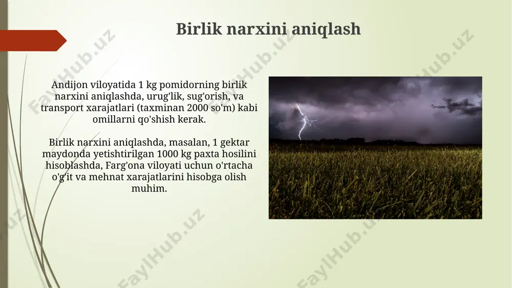 sug‘orish xarajatlari ketishi mumkin. o'zgaruvchan xarajatlarni hisoblash o'zgaruvchan xarajatlarni hisoblashda, masalan, 1 gektar paxta dalasida 500 kg urug'lik sarflanishi va har bir kilogrammning narxi 2000 so'm bo'lsa, jami urug'likka 1 000 000 so'm sarflangan hisoblanadi. bu samarqand viloyati uchun o'rtacha ko'rsatkich hisoblanadi. fermer xo'jaligi 100 ga yer maydonida bug'doy yetishtirishda 2000 litr yonilg'i sarflaydi va 1 litr yonilg'i narxi 12000 so'm bo'lsa, faqat yonilg'iga 24 000 000 so'm xarajat qilingan bo'ladi. bu andijon viloyatining sharoitlarini hisobga olgan holda hisoblangan. yer va suv resurslari xarajatlarini hisobga olish 1 гектар пахта етиштириш учун фарғона водийсидаги фермер 2000 куб метр сув сарфласа, ҳар куб метри учун 150 сўмдан 300 000 сўм сув харажати кўради. навоий вилоятидаги 1 кг помидор етиштиришга кетадиган сув ва энергия харажатлари тахминан 50 сўмни ташкил этиб, бу умумий таннархнинг 15% ни ташкил қилади. qishloq xo'jalik mahsulotlarining xarajatlarini hisoblashga kirish qashqadaryo viloyatida 1 gektar paxta yetishtirishning o'rtacha xarajati, 2023-yil ma'lumotlariga …