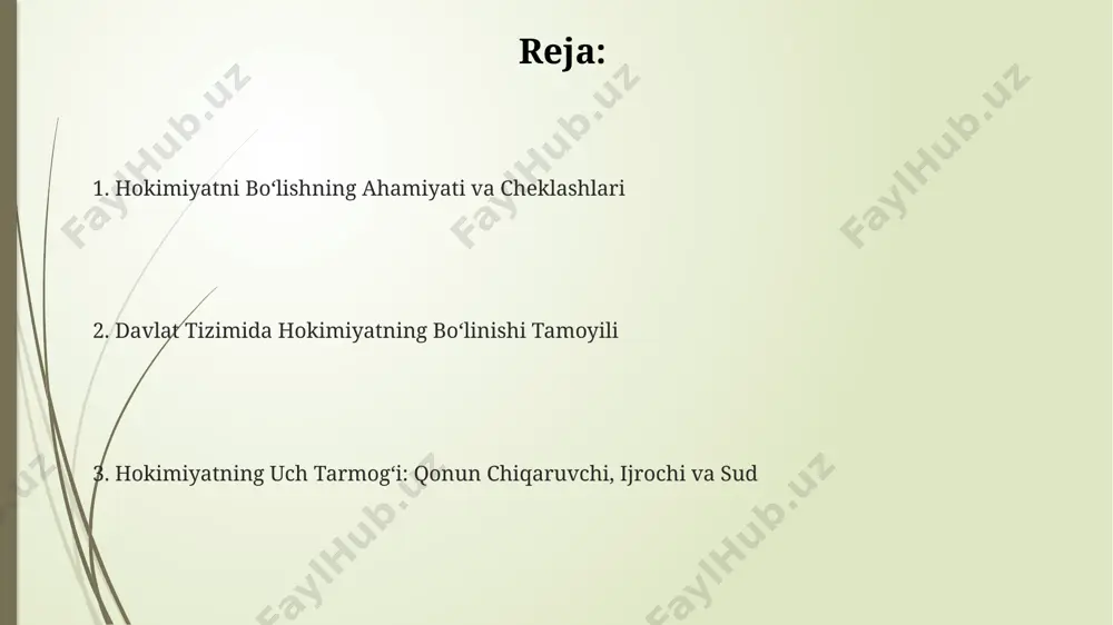sud hokimiyatlarining oʻzaro nazoratini taʼminlab, korruptsiyaning oldini olishga yordam beradi. davlat hokimiyatining 2 yoki undan ortiq organlar oʻrtasida taqsimlanishi inson huquqlarini himoya qilish va fuqarolarning erkinligini taʼminlashda muhim ahamiyat kasb etadi. davlat tizimidagi hokimiyatlarning boʻlinishi printsipi konstitutsiya davlat hokimiyatining boʻlinishini kafolatlaydi va har bir tarmoqning vakolatlarini aniq belgilaydi, masalan, 120 deputatdan iborat oliy majlis qonun chiqarish vakolatiga ega. hokimiyatlarning boʻlinishi printsipi korruptsiyani oldini olish, fuqarolarning huquq va erkinliklarini himoya qilish va davlatning barqarorligini ta’minlashga xizmat qiladi, bu 3 asosiy omil demokratiyaning mustahkamlanishiga yordam beradi. davlat hokimiyatining qonun chiqaruvchi, ijro etuvchi va sud hokimiyatlari kabi uchta asosiy tarmogʻiga boʻlinishi, 3 ta mustaqil organ orqali amalga oshiriladi va bu nazorat-muvozanat mexanizmini ta’minlaydi. qonun chiqaruvchi hokimiyat konstitutsiyaviy qonunlar va oddiy qonunlarni qabul qilish, o'zgartirish va bekor qilish – qonun chiqaruvchi hokimiyatning asosiy funksiyalari hisoblanadi, bunda 2/3 ovoz bilan tasdiqlash kabi maxsus tartiblar qo'llanilishi mumkin. qonun chiqaruvchi hokimiyat ijroiya va sud hokimiyatlarining faoliyatini nazorat …