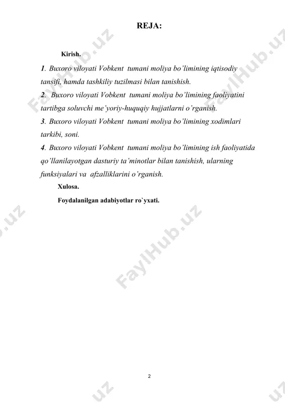 __ ______________________________ ______________________________ toshkent reja: kirish. 1. buxoro viloyati vobkent tumani moliya bo’limining iqtisodiy tansifi, hamda tashkiliy tuzilmasi bilan tanishish. 2. buxoro viloyati vobkent tumani moliya bo’limining faoliyatini tartibga soluvchi me’yoriy-huquqiy hujjatlarni o’rganish. 3. buxoro viloyati vobkent tumani moliya bo’limining xodimlari tarkibi, soni. 4. buxoro viloyati vobkent tumani moliya bo’limining ish faoliyatida qo’llanilayotgan dasturiy ta’minotlar bilan tanishish, ularning funksiyalari va afzalliklarini o’rganish. xulosa. foydalanilgan adabiyotlar ro`yxati. kirish joriy yilning 6-iyun sanasidan buxoro viloyati vobkent tumani moliya bo’limining moliya boʻlimiga ishlab chiqarish amaliyoti oʻtash uchun keldim. amaliyot jarayonida avvalo moliya boʻlimining ichki tartib qoidalari, ish rejimi hamda boʻlimlar joylashuvi va ular tomonidan bajariladigan vazifalar bilan tanishdim. avvalo moliya boʻlimi oldiga qoʻyilgan vazifalarni bajarishi, budjetdan mablagʻ ajratish nima uchun zarurligi yuzasidan quyidagi maʼlumotlarga ega boʻldim. davlat oldiga qoʻyilgan vazifalarni bajarishi uchun maʻlum bir xarajatlarni amalga oshirishga ehtiyoj yuzaga keladi, jumladan jamiyatga ijtimoiy xizmatlar koʻrsatish, milliy xavfsizlikni taʻminlash, jamoat tartibini saqlash, atrof-muhitni himoya …