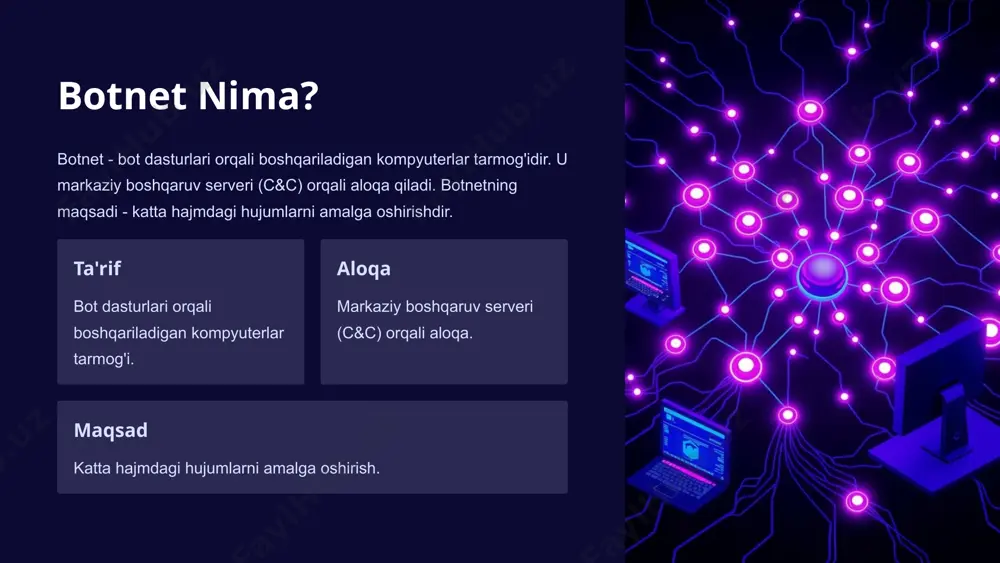 ompyuter resurslaridan kriptovalyuta qazib olish uchun foydalanadi. smominru botneti 500 mingdan ortiq kompyuterni zararlagan. maqsadi noqonuniy daromad olishdir. foydalanish kompyuter resurslaridan kriptovalyuta qazib olish. misol smominru botneti - 500 mingdan ortiq kompyuterni zararlagan. maqsad noqonuniy daromad olish. oqibat kompyuterlarning sekinlashishi va energiya sarfining oshishi. botnetlarni aniqlash botnetlarni aniqlash uchun tarmog'dagi g'ayritabiiy faollikni kuzatish kerak. dasturlarning odatiy bo'lmagan harakatlarini aniqlash muhim. antivirus dasturlaridan foydalanish zarur. kuzatish tarmog'dagi g'ayritabiiy faollikni kuzatish. aniqlash dasturlarning odatiy bo'lmagan harakatlarini aniqlash. foydalanish antivirus dasturlaridan foydalanish. botnetlardan himoyalanish botnetlardan himoyalanish uchun antivirus va xavfsizlik devorlaridan foydalanish kerak. dasturiy ta'minotni muntazam ravishda yangilab turish muhim. kuchli parollardan foydalanish zarur. 1 xavfsizlik devori dasturiy yangilanish kuchli parol xulosa botnetlar jiddiy xavf tug'diradi. himoya choralarini ko'rish muhim. xavfsizlik bo'yicha doimiy ravishda bilimingizni oshiring. 1 xavf botnetlar jiddiy xavf tug'diradi. 2 chora himoya choralarini ko'rish muhim. 3 bilim xavfsizlik bo'yicha doimiy ravishda bilimingizni oshiring. image2.png image3.png image4.png image5.png image6.png image7.png image8.png …