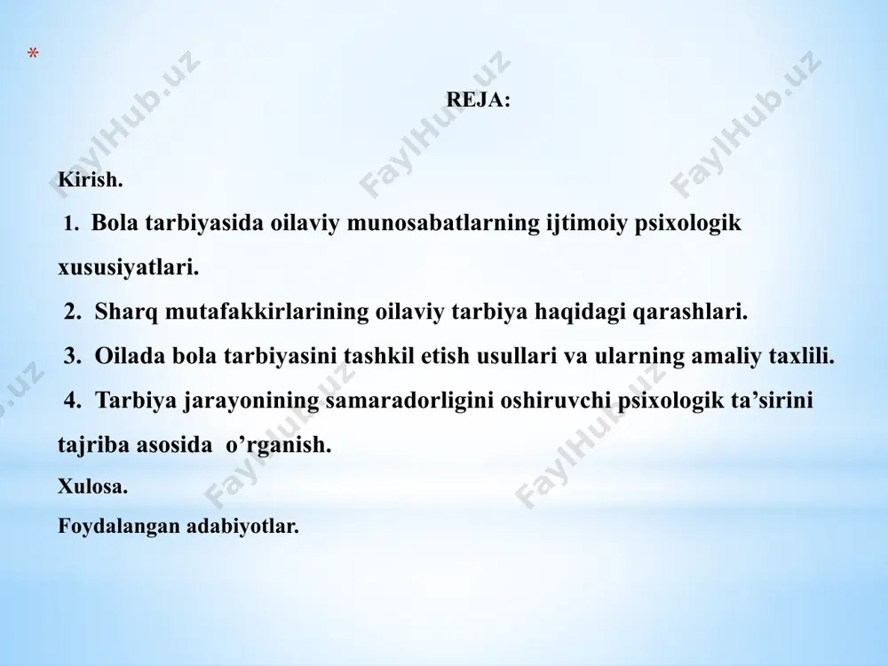 h munosabatlari, vositalari taraqqiyoti, qishloq xo‘jaligi, sanoat ishlab chiqarishi, umuman xalq xo‘jaligining barcha jabhalarida yangi texnologiya, texnik jarayonlaming jadal joriy etilishi bevosita shu jarayonlaming yaratuvchisi, ishtirokchisi bo‘lgan inson omiliga, inson shaxsiga ham o‘ziga xos, yangicha talablar qo‘ymoqda. kurs ishining maqsadi: kurs ishida oila va undagi shaxslararo munosabatlar tizimi, oilaviy shaxslararo munosabatlarning bola tarbiyasiga ta’siri, bola faoliyatini oilada tashkillashtirish masalalari, oilada ma’naviy, axloqiy va madaniy malakalarni shakllantirish kabi masalalarni nazariy va amaliy tahlil qilish va yoritish maqsad qilib olingan. shuningdek,oilada farzandlar tarbiyasining ijtimoiy psixologik moxiyatini, ijtimoiy tasavvurlarning shakllanishida oila muhitining, xususan, ota-onalarning o‘zaro munosabatlari, ularning farzand tarbiyasidagi mas’uliyati hamda har bir oila a’zosining ijtimoiy- psixologik mavqei, oilaviy munosabatlarga tayyorligi xususiyatlarini xam taxlil qilishga e’tibor qaratilgan. kurs ishining vazifalari. ilmiy maqsad quyidagi vazifalarni amalga oshirish zaruratini taqozo etadi: 1. oilada farzandlar tarbiyasining oziga xos ijtimoiy-psixologik shart- sharoitlarini aniqlashga bag‘ishlangan ilmiy adabiyotlarni tahlil qilish. 2. oilaviy munosabatlar sharoitida ota-ona va farzandlar munosabatlari negizida …
