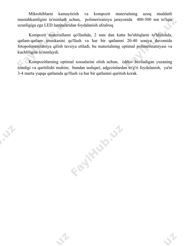ampalaridan foydalanish afzalroq. kompozit materiallarni qo'llashda, 2 mm dan katta bo'shliqlarni to'ldirishda, qatlam-qatlam texnikasini qo'llash va har bir qatlamni 20-40 soniya davomida fotopolimerizatsiya qilish tavsiya etiladi, bu materialning optimal polimerizatsiyasi va kuchliligini ta'minlaydi. kompozitlarning optimal xossalarini olish uchun, ishlov beriladigan yuzaning tozaligi va quritilishi muhim; bundan tashqari, adgezinlardan to'g'ri foydalanish, ya'ni 3-4 marta yupqa qatlamda qo'llash va har bir qatlamni quritish kerak. 📌xulosa асосий тишларни тўлдириш материаллари ва пульпа штифтларининг танлови ва қўлланилиши тишнинг анатомик хусусиятлари ва клиник вазиятга боғлиқ. 📚foydalanilgan adabiyotlar 1. … 2. … 3. … 4. … 5. … 6. … 7. … 8. … 9. … 10. …