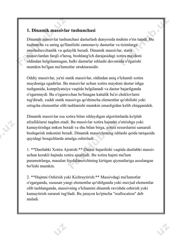 ar strukturalaridan biri hisoblanadi. bu tushuncha dasturchilarga keng qamrovli va moslashuvchan dasturiy ta'minotni yaratib, ishlab chiqish imkonini beradi, sayohat qayerga xohlasangiz ham. 2. dinamik massivlar yaratish dinamik massivlar — dasturlashda ma'lumotlarni saqlash va ularga ishlov berish usullaridan biri bo'lib, ular dastur ishlash jarayonida hajmini o‘zgartirishi mumkin bo‘lgan tuzilmalardir. statik massivlardan farqli o‘laroq, dinamik massivlar dastur ishlash vaqtida kerakli hajmga o‘sishi yoki kamayishi mumkin. bu ularga ma'lumotlar jadvallari yoki kolleksiyalari bilan ishlashda katta qulaylik tug‘diradi. dinamik massivlarning asosiy afzalliklaridan biri – ular hajmini dastur ish vaqtida o‘zgartira olish qobiliyatidir. bu dinamik massivlar, asosan, umumiy xotira maydoni (heap) orqali boshqarilishi natijasida bo‘ladi. c++, java, python kabi ko'plab zamonaviy dasturlash tillari dinamik massivlar bilan ishlash imkoniyatlarini taqdim etadi. c++ tilida standart kutubxonada taqdim etilgan `std::vector` sinfi dinamik massivlar bilan ishlash uchun keng qo‘llaniladi. `std::vector` yordamida c++ dasturchilari kerakli hajmda dinamik massiv yaratishi va uni kengaytirishi mumkin. `std::vector` ning o‘ziga xos hususiyati shundaki, u …