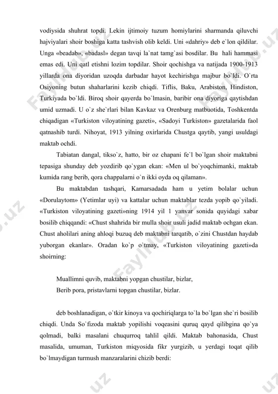 lar, berib pora, pristavlarni topgan chustilar, bizlar. deb boshlanadigan, o`tkir kinoya va qochiriqlarga to`la bo`lgan she`ri bosilib chiqdi. unda so`fizoda maktab yopilishi voqeasini quruq qayd qilibgina qo`ya qolmadi, balki masalani chuqurroq tahlil qildi. maktab bahonasida, chust masalida, umuman, turkiston miqyosida fikr yurgizib, u yerdagi toqat qilib bo`lmaydigan turmush manzaralarini chizib berdi: duo qilsin dedik, qizlarni sotdik oqsoqollarga valekin qilg`uchi olamni vayron chustilar, bizlar. ko`ring insofni, pulsiz kambag`al, qirq yoshida bo`ydoq, dahi bir chorasiz, har yerda sarson chustilar bizlar. she`r hukumat vakillarini larzaga soldi. shoirga nisbatan ta`qib va taz`yiqlar boshlandi. uni qamadilar, oyog`idan sudrab sazoyi qildilar. ulamolar: «vahshiy uchun baqqol mol sotmasun, sartarosh sochini olmasun, choyxona va yig`inlar uni tag-joydan mahrum qilsunlar», - deb fatvo berdilar. oqibatda shoir o`z vatanidan bosh olib chiqib ketishga majbur bo`ldi. u o`z alamli dardini she`rlarda aks ettirdi: quvdi meni johillar o`shandog` vatanimdan lekin quva olmas suhanimni dahanimdan. so`fizoda dastlab o`z zamondoshlari, safdoshlari singari ma`rifatparvar shoir …