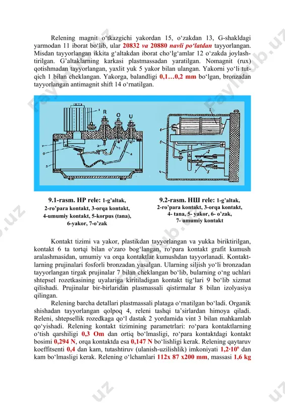 , bronzadan tayyorlangan antimagnit shift 14 o‘rnatilgan. kontakt tizimi va yakor, plastikdan tayyorlangan va yukka biriktirilgan, kontakt 6 ta tortqi bilan o‘zaro bog‘langan, ro‘para kontakt grafit kumush aralashmasidan, umumiy va orqa kontaktlar kumushdan tayyorlanadi. kontakt-larning prujinalari fosforli bronzadan yasalgan. ularning siljish yo‘li bronzadan tayyorlangan tirgak prujinalar 7 bilan cheklangan bo‘lib, bularning o‘ng uchlari shtepsel rozetkasining uyalariga kiritiladigan kontakt tig‘lari 9 bo‘lib xizmat qilishadi. prujinalar bir-birlaridan plasmassali qistirmalar 8 bilan izolyasiya qilingan. relening barcha detallari plastmassali plataga o‘rnatilgan bo‘ladi. organik shishadan tayyorlangan qolpoq 4, releni tashqi ta’sirlardan himoya qiladi. releni, shtepsellik rozedkaga qo‘l dastak 2 yordamida vint 3 bilan mahkamlab qo‘yishadi. relening kontakt tizimining parametrlari: ro‘para kontaktlarning o‘tish qarshiligi 0,3 om dan ortiq bo‘lmasligi, ro‘para kontaktdagi kontakt bosimi 0,294 n, orqa kontaktda esa 0,147 n bo‘lishligi kerak. relening qaytaruv koeffitsenti 0,4 dan kam, tutashtiruv (ulanish-uzilishlik) imkoniyati 1,2·106 dan kam bo‘lmasligi kerak. relening o‘lchamlari 112x 87 x200 mm, massasi 1,6 kg ga …