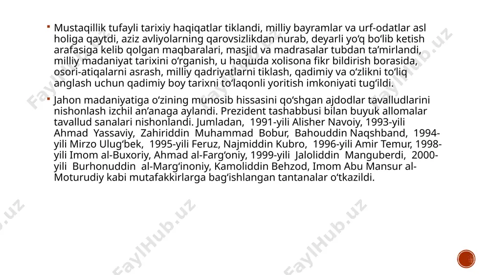 m abu mansur al-moturudiy kabi mutafakkirlarga bag‘ishlangan tantanalar o‘tkazildi. 1991-yili alisher navoiy tavalludining 550-yilligi keng nishonlandi. alisher navoiy nomida davlat mukofoti ta’sis etildi. adabiyot institutiga alisher navoiy nomi berildi. navoiy haykali toshkentning komsomol ko‘li deb nomlangan istirohat bog‘iga o‘rnatildi va bu bog‘ alisher navoiy nomidagi o‘zbekiston milliy bog‘i deb ataladigan bo‘ldi. 1994-yilni hukumat qarori bilan mamlakatimizda ulug‘bek yili, deb e’lon qilinishi, uning 600-yilligini o‘zbekistonda va jahon miqyosida, xususan, yunesko qarorgohi parijda keng nishonlanishi ham buyuk allomalar qoldirgan meros umuminsoniy qadriyatga aylanganligining nishonasidir. 1996-yil amir temur tavalludining 660 yilligi ham keng miqyosda nishonlandi. mamlakat prezidenti “1996-yilni amir temur yili” deb atash to‘g‘risida farmon qabul qildi. “temur tuzuklari” bir necha tilda chop etildi. o‘sha davr tarixiy-madaniy yodgorliklari tiklanib, yozma adabiyotlar ilmiy muomalaga kiritildi. juda qisqa fursatda toshkentda bobokalonimizning dunyoviy sha’ni va shavkatiga mos keladigan temuriylar tarixi davlat muzeyi qurildi. amir temur (1336-1405) alisher navoiy (1441-1501) ahmad yassaviy (1105-1166/67) z. m. bobur (1483-1530) …
