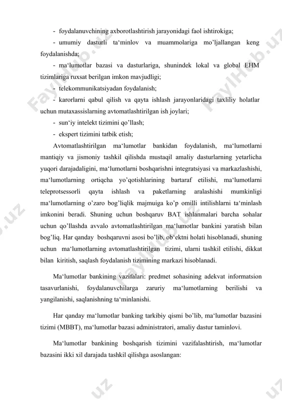 ishlashda hisob yuritish lozimdir. boshqaruvning informattsion tizimi ma‘lumotlar bazasining boshqarish tizimi vositalari xajmiga ega, ya‘ni ma‘lumotlarga yetishish imkoning ma‘lum usullarini ta‘minlaydi. ma‘lumotlar bazasini boshqarish tizimi vositalari bilan bajariladigan, kidirish, to’g’rilash, tuldirish va ma‘lumotlarni chiqarib yuborish jarayonlari hisoblanadi. kidirish jarayoni asosiysi hisoblanadi. ma‘lumotlar mustaqilligini tamoyillarning tadbiq ma‘lumotlarning bazasini boshqarish tizimining moslashuvini aniqlaydi. predmet sohasidagi ma‘lumotlarni qayta ishlash xususiyatlari hisobi, diskretli tavsiflarni qayta ishlash xususiyatlari hisobi, diskretli tavsifli ishlab chiqarish korxonalarida avtomatlashtirilgan boshqaruv tizimini qo’llashga maxsuslashgan ma‘lumotlarni bazasini tizimini loyxalashtirish imkonini beradi. ma‘lumotlar bazasini boshqarish tizimining ma‘lum bir sohada qo’llash maqsadida rostlash jarayoni tizimini generatsiya qilish deb ataladi. ma‘lumotlar bazasining boshqarish universal tizimiga masalan, dbase, paradox, miсrosoft-aссess , oragle, informix va boshqalarga tegishlidir. ma‘lumotlar bazasini boshqarish tizimi ishi ma‘lumotlarni yozishning uch darajasidan foydalanish bilan bog’liq. ma‘lumotlarni jismoniy tashkil etishning yozilishi ma‘lumotlarning umumiy mantiqiy tarkibining yozilishi amaliy dasturlar ma‘lumotlarni modelostilarini yozish o’zviyligi. ma‘lumotlar bazasini boshqarish tizimi bir vaqtning o’zida bir qancha amaliy dasturlarni …