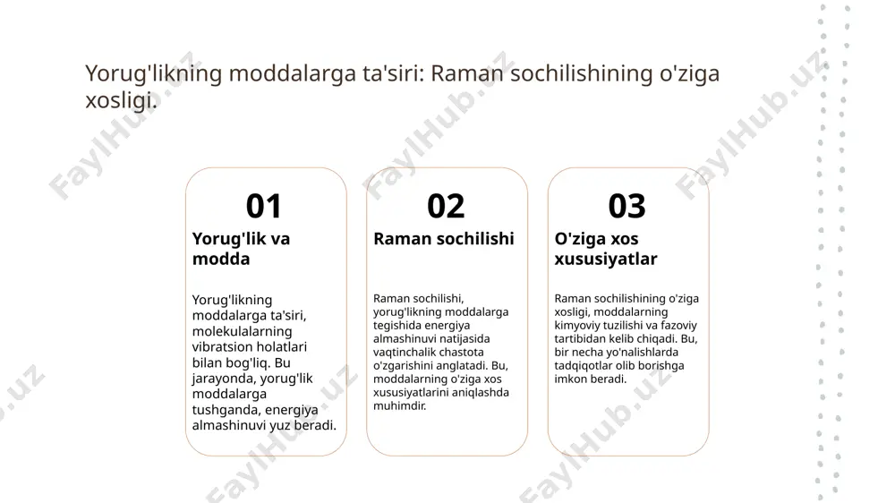 ar va ularning xossalarini o'rganishga yordam beradi. asosiy loyihalar o'zbekiston ilmiy markazlarida raman spektroskopiyasi bo'yicha muhim loyihalar amalga oshirilmoqda, masalan, mineral va biologik materiallarni tahlil qilishda. natijalar va yutuqlar tadqiqotlar natijasida yangi materiallarning strukturaviy xususiyatlari aniqlanib, ularning sanoat va ilmiy sohalarda qo'llanilishi kengaymoqda. kelajak istiqbollari o'zbekistonda raman spektroskopiyasini yanada rivojlantirish uchun zamonaviy texnologiyalarni joriy etish va xalqaro hamkorlikni kuchaytirish muhim ahamiyatga ega. xulosa yorug'lik va raman sochilishi tadqiqotlar va qo'llanilish o'zbekiston va ilmiy natijalar yorug'likning moddalarga ta'siri va raman sochilishining asosiy tamoyillari, energiya almashinuvi jarayonida muhim ahamiyatga ega. zamonaviy tadqiqotlar raman spektroskopiyasining o'ziga xos afzalliklarini ko'rsatadi, bu esa materiallar tahlilida keng qo'llanilmoqda. o'zbekistonda raman spektroskopiyasiga asoslangan tadqiqotlar ilm-fan rivojida muhim o'rin egallab, yangi natijalar keltirmoqda. e'tiboringiz uchun rahmat! /docprops/thumbnail.jpeg