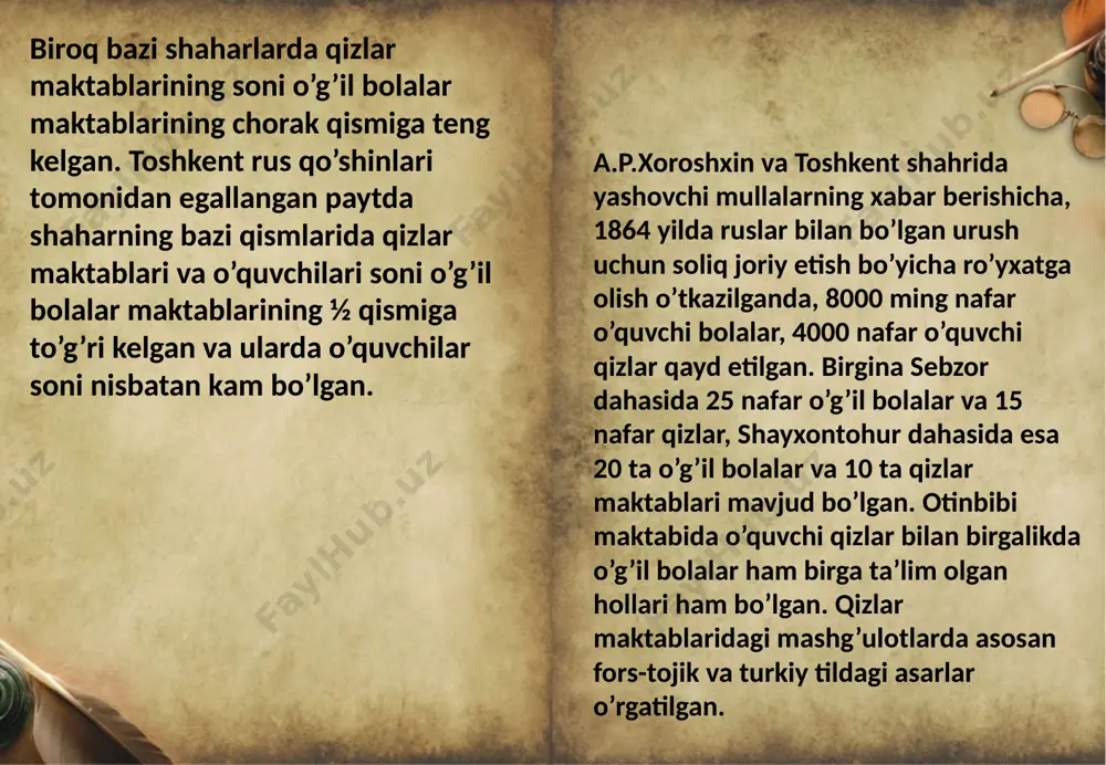 diniy asoslari bilan birlashtrish yo’lida qizg’in kurash olib bordi. ismoilbek gaspirali turkiy xalqlarning milliy mustaqilligi uchun kurashgan ismoilbek gaspirali o’z navbatda jadidchilik oqimining asoschisi sifatida dunyoga tanildi. ko’p yurtlarda safarda bo’lgan ismoilbek gaspirali xalq taraqqiyoti birinchi navbatda maorifga bog’liq ekanligini anglab etb, jamiyatdagi tub o’zgarishlarni amalga oshirishni yangi usuldagi maktab tuzishdan boshladi. gaspirali tomonidan ochilgan yangi usuldagi maktab tez orada shuhrat qozondi. jadid maktablarining ommaviy tus olishiga asosiy sabab i.gaspirali tomonidan 1883 yildan boshlab nashr etla boshlangan “tarjimon” gazetasi bo’ldi. shu bilan birga ismoilbek gaspirali o’zi tashkil etgan maktab uchun bir qator darsliklar va o’quv qo’llanmalari ham yaratdi. uning yangi usuldagi maktab hayotga bag’ishlangan asarlari jumlasiga “hujai subyona”, “qirsat turki”, “rahbari muallimin” kabi darslik va o’quv qo’llanmalarini kiritsa bo’ladi. gaspiralining ushbu asarlari o’quv jarayonini tashkil etsh, darsliklarga qo’yiladigan talablar, musulmon o’quv adabiyotda qo’llaniladigan didaktk va metodik ko’rsatmalar bilan jadid maktablari taraqqiyotga ulkan hissa qo’shdi. i.gaspirali boshqa turkiy xalqlar qatori o’zbek …