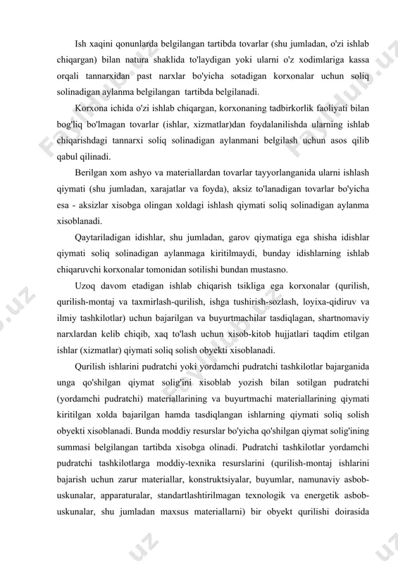 uyurtmachi materiallarining qiymati kiritilgan xolda bajarilgan hamda tasdiqlangan ishlarning qiymati soliq solish obyekti xisoblanadi. bunda moddiy resurslar bo'yicha qo'shilgan qiymat solig'ining summasi belgilangan tartibda xisobga olinadi. pudratchi tashkilotlar yordamchi pudratchi tashkilotlarga moddiy-texnika resurslarini (qurilish-montaj ishlarini bajarish uchun zarur materiallar, konstruktsiyalar, buyumlar, namunaviy asbob-uskunalar, apparaturalar, standartlashtirilmagan texnologik va energetik asbob-uskunalar, shu jumladan maxsus materiallarni) bir obyekt qurilishi doirasida sotganida, ularga qo'shilgan qiymat solig'ini kiritmasdan, qo'llanadigan narx va tariflardan kelib chiqqan xolda sotiladigan moddiy-texnika resurslarining qiymati soliq solinadigan aylanma xisoblanadi. quyidagilar soliq solinadigan aylanma miqdoriga kiritilmaydi: a) korxonaning bir tarkibiy birliklari tomonidan ushbu korxona boshqa tarkibiy birliklarining sanoat-ishlab chiqarish extiyojlari uchun sotilgan maxsulotlar, yarim tayyor maxsulotlar, bajarilgan ishlar va xizmatlarga doir aylanmalar (ichki ishlab chiqarish aylanmasi). ushbu bandda korxonaning tarkibiy birliklari deganda bank muassasasida xisob-kitob varag'iga ega bo'lmagan, shuningdek asosiy korxona balansida turadigan tarkibiy birliklar tushuniladi. b) xo'jalik jamiyatlari va shirkatlari, boshqa turdagi korxonalar tugatilganida ular mol-mulkining a’zolari, muassislari o'rtasida taqsimlanishi bo'yicha …