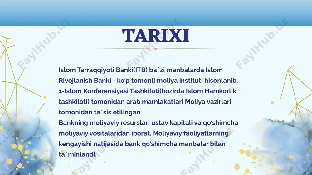 berish rejasi amalga oshirila boshladi. ushbu reja importga moliyaviy yordam berish programmasini toʻldiradi va iktga aʼzo boʻlgan davlatlarning anʼanaviy boʻlmagan tovarlari eksportini kengatirishda koʻmak beradi. bu esa irbga aʼzo boʻlgan davlatlardan eksport qilish uchun kerakli moliyaviy vositalar bilan 6 oydan 60 oygacha boʻlgan muddatga jalb qilish orqali amalga oshiriladi. 1989-yilda alohida investitsion fond tashkil qilingan. uning maqsadi qoʻshimcha moliya resurslarini jalb qilish va ularni shariatga asoslangan holda sarmoyalashtirish. itbning a’zo-mamlakatlarda shariatga muvofiq ijtimoiy va iqtisodiy taraqqiyotni qo‘llab-quvvatlashdan iborat. itbning qarashlari: 2020 yilga a’zo-mamlakatlar inson kapitalini barqaror rivojlantirishga jiddiy ta’sir ko‘rsatuvchi shariat tamoyillariga muvofiq faoliyat ko‘rsatadigan jahon miqyosidagi taraqqiyot banki bo‘lish tbning asosiy vazifasi 2013 yilda itb boshqaruvchilar kengashi umumiy hissadorlik kapitalini 30 mlrd.islomiy dinordan 100 mlrd.islomiy dinor(150 mlrd.dollar)ga ko‘tarish haqida qaror qabul qildi. bankning obuna kapitali ham 18 mlrd.islomiy dinordan 50 mlrd.islomiy dinorga oshirildi. ushbu qaror a’zo-mamlakatlarning moliyalashtirish mablag‘lariga bo‘lgan katta ehtiyoji bilan bog‘liq. yevropa ittifoqining komissiyasi ham itbni xatarsiz …