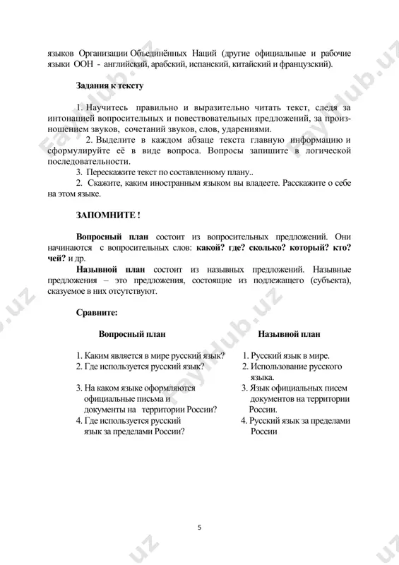 просный план состоит из вопросительных предложений. они начинаются с вопросительных слов: какой? где? сколько? который? кто? чей? и др. назывной план состоит из назывных предложений. назывные предложения – это предложения, состоящие из подлежащего (субъекта), сказуемое в них отсутствуют. сравните: вопросный план назывной план 1. каким является в мире русский язык? 1. русский язык в мире. 2. где используется русский язык? 2. использование русского языка. 3. на каком языке оформляются 3. язык официальных писем официальные письма и документов на территории документы на территории россии? россии. 4. где используется русский 4. русский язык за пределами язык за пределами россии? россии самостоятельная работа упражнение 1. прочитайте текст выразительно, внимательно следя за произношением, ударениями и интонацией. толковые словари и их созидатели первым большим толковым словарём русского языка, т. е. словарём, в котором объясняются значения слов, был «словарь академии российской». словарь издавался дважды; второе издание несколько отличалось от первого построением и количеством описанных в нём …