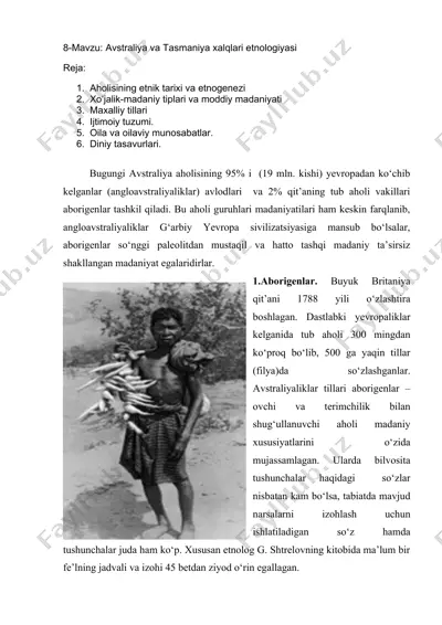 avstraliya va tasmaniya xalqlari etnologiyasi — DOCX