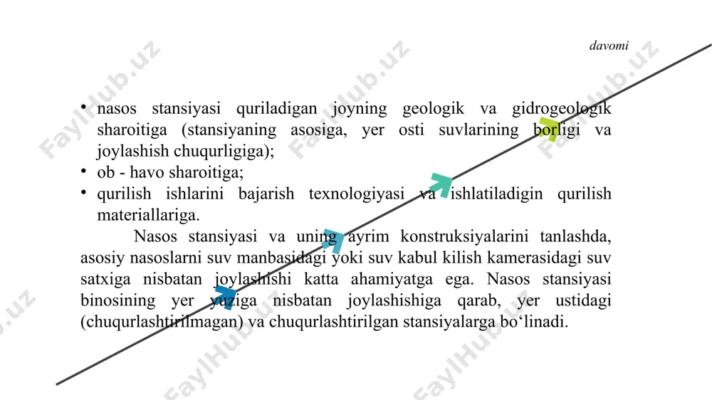 tish quvuri; 5-vertikal joylashgan markazdan qochma nasos; 6-bosimli quvurlar; 7-val; 8-nasos joylashtirilgan quruq xona; 9-elektrodvigatel; 10- stan-siyaning yer usti qismi. 71-rasm. agregatlari ho‘l kameraning o‘ziga joylashtirilgan nasos stansiyasi binosi: 1-suv olish inshooti; 2-ho‘l kamera; 3-so‘rish quvurlari; 4-o‘qiy nasos; 5-bosimli quvurlar; 6-elektrodvigatel; 7-stansiyaning yer usti qismi; blokli nasos stansiyalari binolari. chuqurlashtirilgan blokli turdagi nasos stansiyalariga kuchli, vertikal, markazdan qochma yoki o‘qiy nasoslar o‘rnatiladi. bu nasoslar ish g‘ildiragiga suv bir tomonlama, murakkab shaklda egilgan so‘rish quvurlari orqali uzatiladi. uzatish quvuri yaxlit beton plitalar orasiga joylashgan bo‘lib, binoning yer osti qismini tashkil qiladi. bu turdagi bino odatda suv olish inshooti bilan birgalikda quriladi. (72-rasm). 72-rasm. chuqurlashtirilgan blokli nasos stansiyasi binosi: 1-suv olish inshooti; 2-uzatish quvurlari; 3-nasos; 4-bosim quvur-lari; 5-elektrodvigatel; 6-stansiyaning yer usti qismi. thank you insert the subtitle of your presentation image2.jpg image11.jpeg image12.jpeg image3.jpg image13.jpeg image14.jpeg image15.jpeg image16.png image17.jpeg image18.jpeg image19.jpeg image20.jpeg image21.png