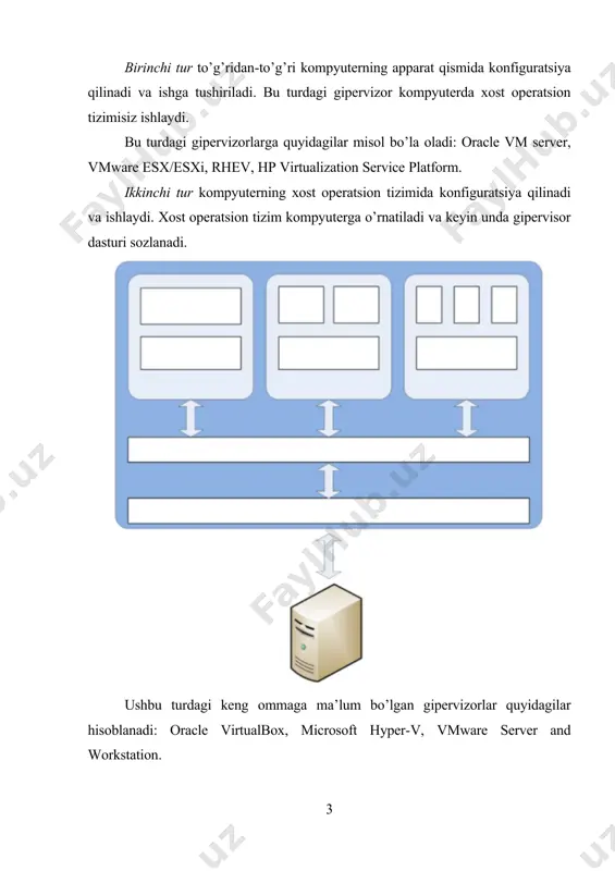operatsion tizimning to'g'ri va to'liq ishlashi uchun zarur bo'lgan kompyuter resurslarini o'z ichiga oladi. oracle vm virtualbox gipervizori haqida shaxsiy virtual muhitni (virtual laboratoriya yoki sinov muhiti) yaratish uchun ikkinchi turdagi gipervizor va oracle vm virtualbox (bundan keyin virtualbox) virtualizatsiya dasturi (gipervizor) tanlanadi. virtualbox dasturi quyidagi tavsiflari bilan ajralib turadi: · tekin, · 2-turdagi gipervizorga kiradi (uy sharoitida virtual muhit yaratishga imkon beradi), · 32 va 64 bitli xost operatsion tizimlarda ishlaydi, · pxe yuklashni qo'llab -quvvatlaydi (pxe – qattiq disksiz tarmoq orqali operatsion tizimni yuklash uchun muhit), · apparat virtualizatsiyasini qo'llab-quvvatlashni talab qilmaydi (hatto kompyuter intel vt-x yoki amd-v ni qo'llab-quvvatlamasa ham, virtual muhitni o'rnatish va sozlash imkonini beradi). virutalbox gipervizori eng keng tarqalgan xost operatsion tizimlari bilan mos keladi. quyida virtualbox ni o'rnatish mumkin bo'lgan ba'zi operatsion tizimlar keltirilgan: windows: windows xp, windows vista, windows 7, windows 8, windows 10, windows server 2008, windows server 2008 r2, windows …