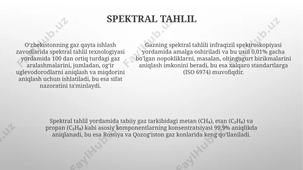 iak yordamida bajariluvchi jarayon bo'lib, bu jarayon samaradorligi 95% dan yuqori bo'lishi mumkin va surxondaryo viloyatidagi gazni qayta ishlash zavodlarida qo'llaniladi. gaz tarkibidagi oltingugurtli birikmalarni (h2s) olib tashlash uchun, masalan, aminlar yordamida absorbtsiya usuli qo'llaniladi. bu usul 99% gacha oltingugurtni olib tashlash imkonini beradi va qashqadaryo viloyatining gaz konlarida keng tarqalgan. kriogenik usul, -160°c dan past haroratlarda gazni sovutish orqali, etan, propan va butan kabi og'ir uglevodorodlarni ajratib olish imkonini beradi va bu jarayon 80% gacha samaradorlik bilan o'zbekistonning shimoliy hududlarida qo'llaniladi. namlik miqdorini o'lchash o'zbekistonning gaz qazib olish korxonalarida namlikni aniqlashda, odatda, gaz xromatografiyasi usuli qo'llaniladi. 50 ml hajmda gaz namunasi analiz qilinib, natija million qism (ppm) birligida ifodalanadi. aniqlik darajasi 0,1 ppm ga etadi. gaz tarkibidagi suv bug'ining miqdori (namlik) punktli shudring nuqtasini aniqlash orqali ham aniqlanadi. masalan, -5°c punktli shudring nuqtasida namlik 5 gramm/kub metrni tashkil qilishi mumkin. bu ko'rsatkich rossiya standartlari bo'yicha baholanadi. namlik miqdorini aniqlash …