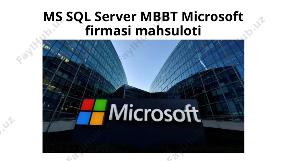 r mavjud. ms sql server integratsiyasi ms sql server microsoft office bilan chambarchas bog`langan bo`lib, ma`lumotlarni ms excel va ms word interfeyslariga chiqarish va bu interfeyslardan mbga ma`lumot kiritish imkoniyatlari mavjud. mantiqiy masala qanday qilib, o’lchov asboblaridan foydalanmasdan, 2/3 metr atlasdan 1/2 metr qirqib olish mumkin? ms sql server va oracle xizmatlar bozorida ms sql server oracle bilan raqobatlasha oladigan mbbt hisoblanadi. ammo, shu soha mutaxassislarining fikriga ko`ra ms sql serverda himoyalanish darajasi oracle ga nisbatan bir oz bo`shroq hisoblanadi. ms sql server muhiti administratori ish jarayoni oraclega nisbatan bir oz soddaroq. bu uning katta yutug`i hisoblanadi. ms sql server dasturchilar uchun qulay muhitni tashkil qilib beradi va unda web xizmatlarga muvofiq ma`lumotlar bilan ishlash imkoniyatlari mavjud. ibm kompaniyasining serverli mbbtlari ibm kompaniyasi db2 va informix mbbt lari bilan ham mashhurdir. hozirgi kunda db2 universal database, db2 personal edition, db2 enterprise 9 hamda informix dynamic server, informix dynamic server express, …