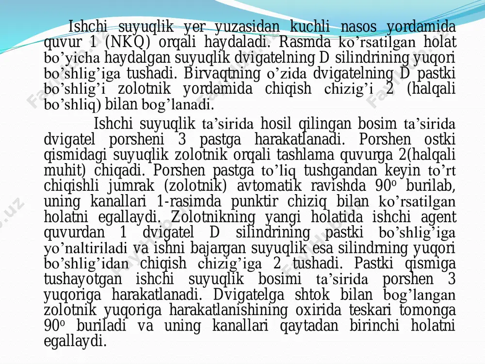 im hosil qilish uchun nkq oraligiga halqali qismga haydaladi. gpn ma’lum bir bosimda o’rnatiluchi stakandan chiqadi va nkq bo’ylab yuqoriga harakatlana boshlaydi (4,a-rasm) tutgich bilan nasosni ushlash (4, b-rasm) bilan birgalikda haydovchi agregat ham to’xtatiladi, shundan keyin quduq usti ochiladi va nasos olinadi. erkin gpnni tushirish va ko’tarish tezligi ishchi suyuqlik sarfi va zichlovchi manjet holati bilan aniqlanadi. nasosni quduqqa tushirish kichik bosimda amalga oshiriladi. nasos o’rnatiluvchi stakandan katta bosim bilan chiqariladi. erkin gpn ni 2000 m cuqurlikka tushirish va ko’tarish jarayonini bir kishi 2-2,5 soatda amalga oshiradi. ko’tarilgan nasos quduqdan tutgich bilan qo’lda boshqariladigan lebedka va kichik tal yordamida olinadi. bu gpn eng yaxshi tomonidan biri hisoblanadi. gpn korpusining tashqi diyametri hardoyim nkq ichki diyametridan kichik bo’ladi, shuning uchun gpn ning uzatishi quvur bilan tushiriladigan boshqa nasoslardan kichik bo’ladi. quduq ustida gpnni yuritish uchun nkqga ishchi suyuqlik haydovchi nasos o’rnatiladi. individual tizimda har bir quduqqa haydovch nasos o’rnatiladi, guruhiy …