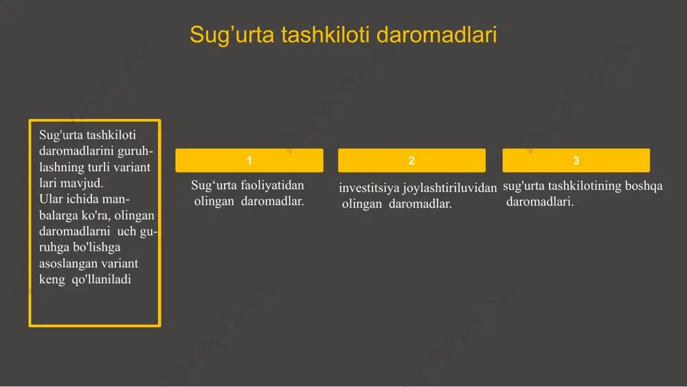 di. tuzilgan shartnomalar bo‘yicha olingan majburiyatlar 14,8 trln. so‘mni tashkil etdi. umumiy miqdorda 15,3 mlrd so‘m sug‘urta tovonlari to‘lab berildi. transport vositalari egalarining fuqarolik javobgarligini majburiy sug‘urta qilish bo‘yicha 8,8 mlrd. so‘m miqdorida sug‘urta mukofotlari tushumi ta’minlandi hamda yo‘l transport hodisalari natijasida zarar ko‘rgan fuqarolarga 1,2 mlrd. so‘m sug‘urta tovonlari to‘lab berildi. ish beruvchilarning fuqarolik javobgarligini majburiy sug‘urta qilish turi bo‘yicha 1-chorak hisoboti uchun 4,1 mlrd. so‘m miqdorida sug‘urta mukofotlari tushumi ta’minlanib, xodimning mehnat vazifasini bajarishda baxtsiz hodisalar natijasida tan jarohati olishi yoki vafot etishi bo‘yicha 1,6 mlrd so‘m sug‘urta tovoni to‘lab berildi. ko'rsatkich nomi 2018 yil 1-chorak 2019 yil 1-chorak dinamikasi, % dinamikasi, (+,-) sug'urta mukofoti, mlrd. so'm 42,4 44,7 105,4 2,3 sug'urta shartnomasi, ming dona 722,8 568,2 78,6 - 154,6 sug'urta javobgarligi, trln. so'm 16,0 14,8 93,0 - 1,2 sug'urta tovoni, mlrd. so'm 10,8 15,3 141,5 4,5 "o'zagrosug'urta" aj ning 2018-2019 yillar 1-chorakida sug'urta mukofoti, sug'urta shartnomasi, sug'urta …