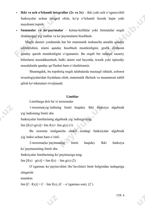 b tanlanadi. > > qatorlar ta’rif. sonli qatorshunday yoziladiki, uning k-inchi qismiy yig’indisi: . agar mavjud va chekli bo’lsa, s qatorning umumiy yig’indisi deb ataladi: . cheksiz yig’indilar matematik tahlilda funksiyalarni taqribiy hisoblash, masalan, qatorlar orqali funksiyalarni ifodalashda muhim ahamiyatga ega. teorema (yaqinlashishning zarur sharti). agar qator yaqinlashadigan bo’lsa, unda: =0 misol. geometrik qator ni ko’rib chiqamiz. agar |r| > xulosa mazkur amaliy mashg‘ulot davomida maple dasturida matematik analizning turli mavzulari bo‘yicha integrallarni hisoblash o‘rganildi. jumladan: aniq va noaniq integrallar ustida ishlash orqali funksiyalarning boshlang‘ich funksiyalarini topish, ularni turli oraliqlarda hisoblash ko‘nikmasi hosil qilindi. xosmas (cheksiz chegarali yoki uzluksiz nuqtali) integrallarni hisoblash orqali ularning yaqinlashuv yoki divergensiyasini aniqlash mashq qilindi. 1-tur va 2-tur xosmas integrallar misollar orqali tahlil qilinib, ularni maple yordamida baholash o‘rganildi. summalar va ko‘paytmalar bo‘yicha limitga yaqinlashuv natijalarini aniqlash, sonsiz yig‘indilarni hisoblash va ularning yaqinlashish shartlari ko‘rib chiqildi. ikki va uch marta (2x va 3x) integrallar ni …
