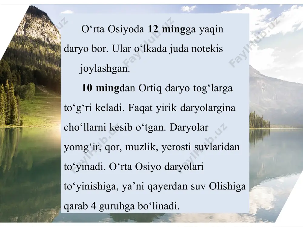ana shu o‘ng sohilda unga sherobod daryosining suvi ham kelib qo‘shiladi. shu yerdan to quyilish joyi — orol dengiziga qadar (salkam 1500 km masofada) tekislikda, qoraqum va qizilqum cho‘llari orasidan keng o‘zanda oqib o‘tadi, bu qismida unga boshqa irmoqlar qo‘shilmaydi, balki, aksincha, uning suvi juda ko‘p miqdorda sug‘orishga, bug‘lanishga sarf bo‘lib, yerga shimilib, kamayib qoladi. o‘zbekiston va turkmanistonda qoraqum kanali, amu-qarshi, amu-buxoro kanallari, xorazm vohasi va qoraqalpog‘istonda ko‘p kanallar qurilgan. amudaryo suvi bilan bir necha million gektar yer sug‘oriladi. sirdaryo — o‘rta osiyodagi eng uzun daryo (uzunligi 3019 km ). uning havzasi 219 ming km2 . markaziy tyanshan tog‘laridan boshlanuvchi norin daryosi sirdaryoning bosh qismidir. norin daryosi namangan shahri yaqinida farg‘ona va oloy tizmalaridan boshlanuvchi qoradaryo bilan qo‘shiladi va shu yerdan sirdaryo nomini oladi. farg‘ona vodiysidan chiqqach, daryo shimolga tomon oqa boshlaydi va shu yerda unga o‘ngdan ohangaron, chirchiq, keles daryolari kelib qo‘shiladi. sirdaryo shimolga tomon qizilqumning chegarasi bo‘ylab oqib, …