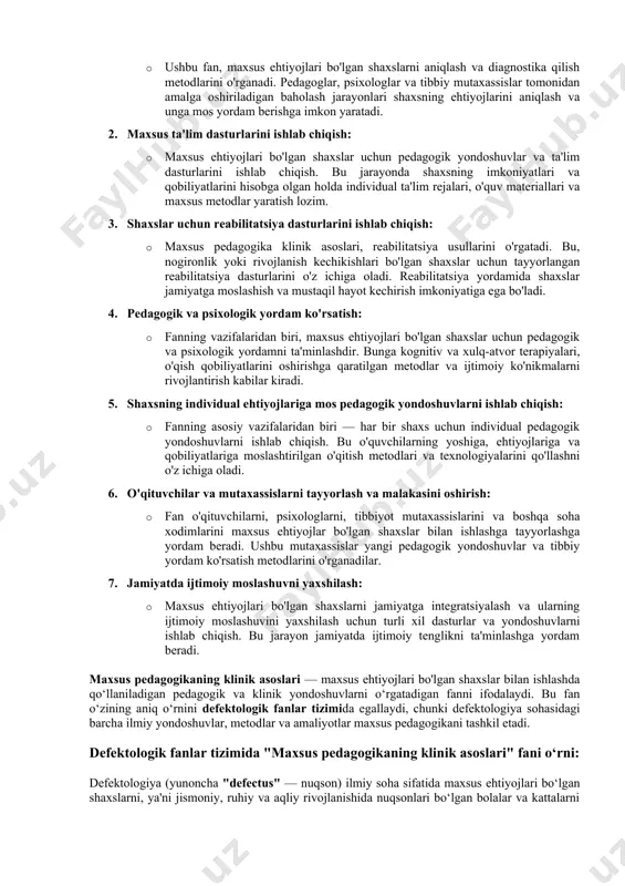 r bilan ishlashda pedagogik, psixologik, tibbiy va reabilitatsiya metodlarini uyg'unlashtirishga qaratilgan. maqsad va vazifalar aniq va kompleks yondoshuvlarni ishlab chiqishni ta'minlaydi, bu esa maxsus ehtiyojlari bo'lgan shaxslarning ijtimoiy va pedagogik rivojlanishiga yordam beradi. maqsadlari: 1. maxsus ehtiyojlari bo'lgan shaxslarni ta'lim olishda qo'llab-quvvatlash: · fanning asosiy maqsadi, maxsus ehtiyojlarga ega bo'lgan bolalar, o'smirlar yoki kattalarga ta'lim olishda yordam berishdir. bu jarayonda o'qitish va tarbiyalash jarayonini shaxsning ehtiyojlariga moslashtirish, ular uchun maxsus dasturlar va metodlarni ishlab chiqish zarur. 2. shaxsning rivojlanishiga kompleks yondoshuvni ta'minlash: · maxsus pedagogika klinik asoslari, shaxsni nafaqat aqliy, balki emotsional, ijtimoiy va psixologik jihatdan ham rivojlantirishga qaratilgan. u individual yondoshuvlarni ishlab chiqish, har bir shaxsning ehtiyojlarini aniqlash va ularga mos pedagogik yordamni ko'rsatish uchun kompleks yondoshuvni o'z ichiga oladi. 3. shaxslarning ijtimoiy integratsiyasini ta'minlash: · maxsus ehtiyojlari bo'lgan shaxslarni jamiyatga integratsiya qilish, ular uchun ijtimoiy moslashuv jarayonini soddalashtirish. ta'lim jarayonida samarali reabilitatsiya usullari va yondoshuvlar yordamida, ularga o'z-o'zini …