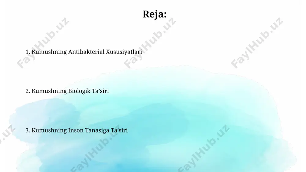 masalan, salmo trutta (ala baliq)da, o'limga olib kelishi mumkin. kumushning bakteriyalar ustida ta'siri kumush nanopartikullari staphylococcus aureus kabi gram-musbat bakteriyalarning hujayra devorlarini buzish orqali 20-30 nm o'lchamlarida 99,9% ga yaqin samaradorlik bilan inhibe qilishi mumkin, bu toshkentdagi bir laboratoriya tomonidan aniqlangan. kumushning antibakterial ta'siri, 100 mg/l konsentratsiyada pseudomonas aeruginosa ning o'sishini 70% ga kamaytirish orqali, aqsh milliy sog'liqni saqlash institutining ma'lumotlariga ko'ra ko'rsatilgan. kumushning zamburug'larga ta'siri o'zbekistonning tog'li hududlarida o'sadigan ba'zi o'simliklarning ekstrakti bilan birgalikda ishlatilganda, kumushning zamburug'larga qarshi ta'siri 2 baravar kuchayishi kuzatilgan, bu sinergetik effektni ko'rsatadi. laboratoriya sharoitida o'tkazilgan tajribalar, 25°c haroratda, kumush nanopartikulalarning candida albicans kabi patogen zamburug'larga nisbatan kuchli fungitsid ta'sir ko'rsatishini aniqladi. kumushning immun tizimiga ta'siri kumushning immunomodulyator ta'siri, ayniqsa, 100 mg/kg dozada, hayvonlar modellarida (masalan, kalamushlarda) immunitet hujayralari faolligining o'sishini va yallig'lanishga qarshi sitokinlar ishlab chiqarilishini ko'rsatadi. tadqiqotlar shuni ko'rsatadiki, kumushning nanomateriallari, masalan, 50 nm o'lchamdagi zarrachalar, o'tkir yallig'lanishli jarayonlarni, shu jumladan, sichqonlar ustida …